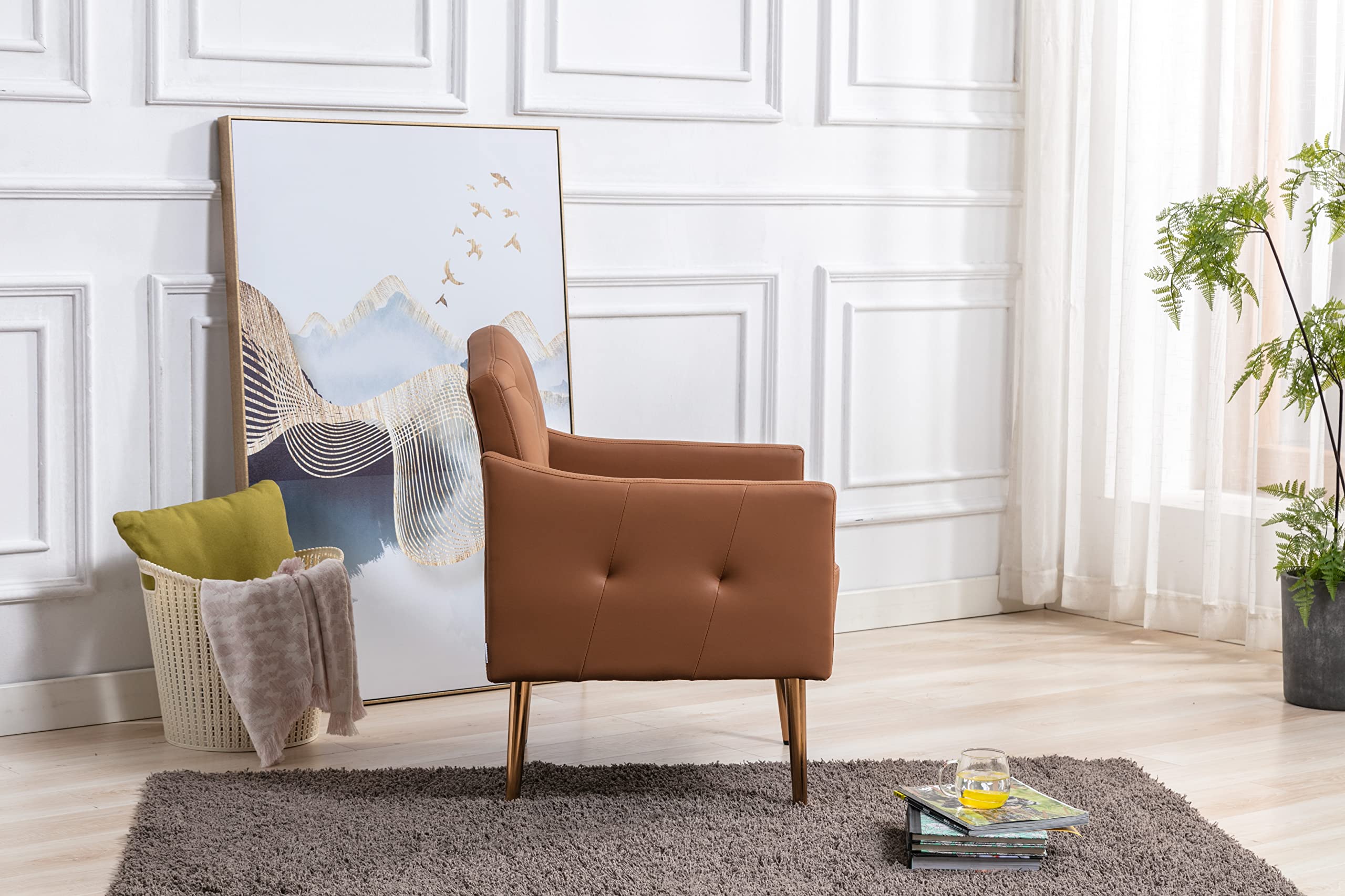 Modern PU Leather Accent Chair - Single Sofa Upholstered Armchair with Comfortable Cushion | Lounge Club Chair for Living Room, Bedroom, Office, Reading Nook & Dressing Room (Brown) - Stylish Home Decor & Relaxation Seating