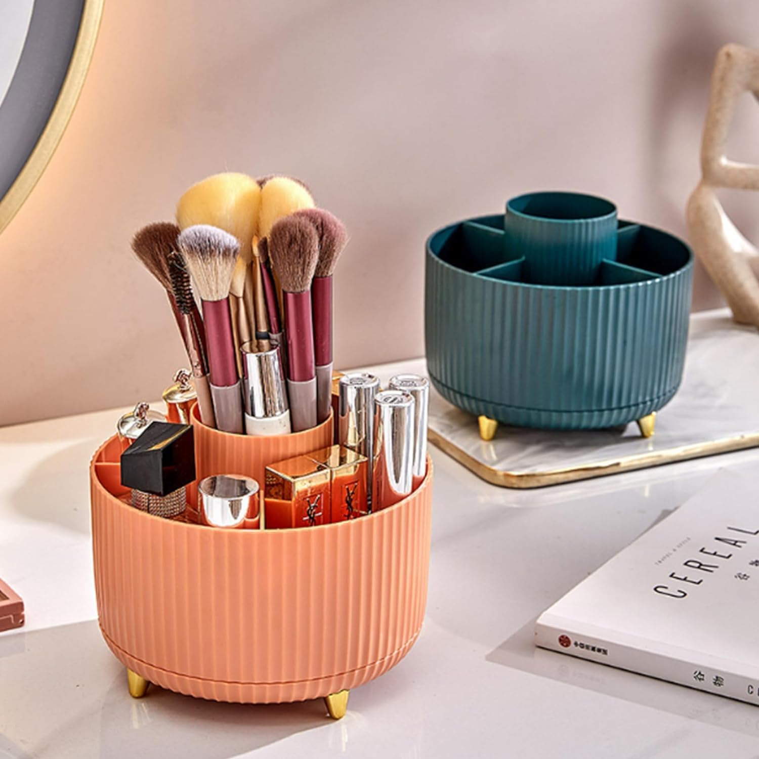 360° Rotating Makeup Brush Holder Organizer - Countertop Cosmetic & Skincare Storage for Vanity, Desktop, Bathroom | Perfect for Makeup Artists & Beauty Enthusiasts (Green)