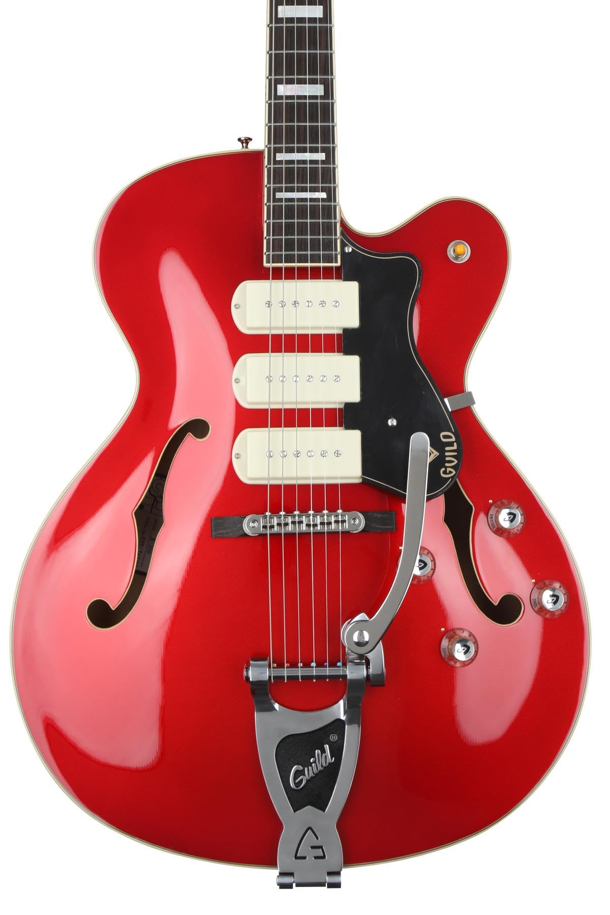 Guild X-350 Stratford Hollowbody Electric Guitar - Scarlet Red | Professional Jazz & Blues Guitar | Perfect for Stage Performances & Studio Recording