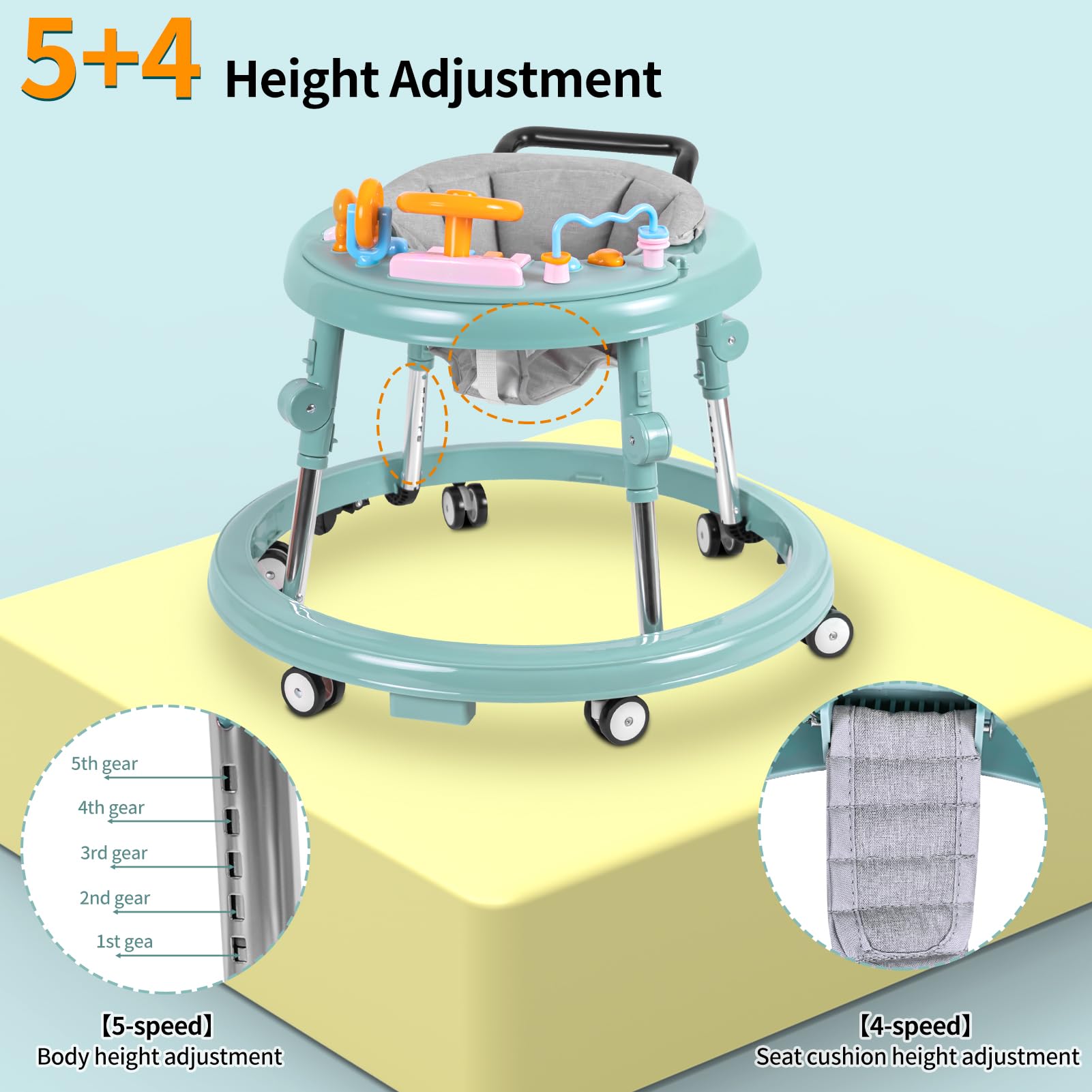 Foldable 9-Speed Adjustable Baby Walker with Wheels & Music - Anti-Slip Foot Pads for Boys & Girls 6-24 Months | Safe Learning Walker for First Steps | Perfect for Home Play & Early Walking Development