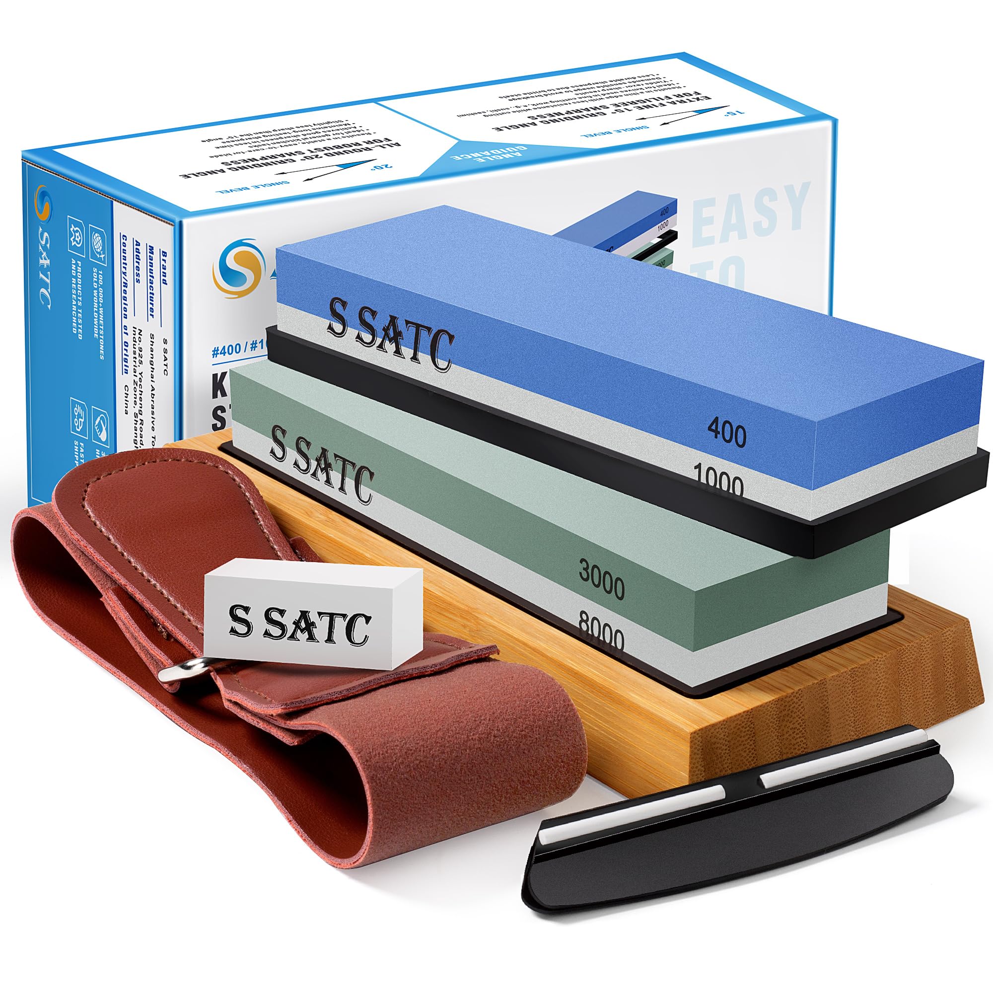 Premium 400/1000/3000/8000 Grit Whetstone Set - Professional Knife Sharpening Stone with Non-Slip Bamboo Base, Angle Guide & Leather Strop - Perfect for Kitchen Knives, Hunting & Chef's Tools - Ideal for Home Cooks & Professional Chefs