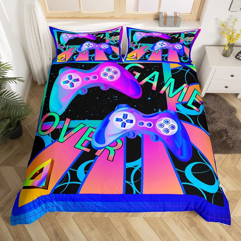 Boys Gamer Comforter Set - Gaming Bedding with Gamepad Print - Microfiber Duvet Cover for Kids & Teens - Twin Size Pink Blue Green Modern Design - Perfect for Game Room Decor, Birthday Gifts & Sleepovers