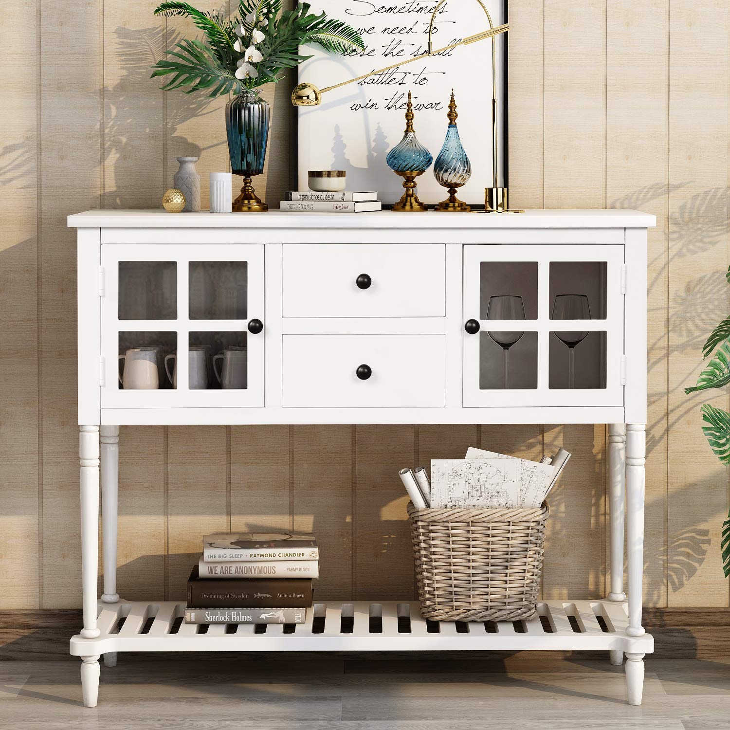 Merax White Sofa Table Buffet Console Table with 2 Storage Drawers & Cabinets - Entryway, Hallway, Living Room Sideboard Cabinet for Home Decor & Organization