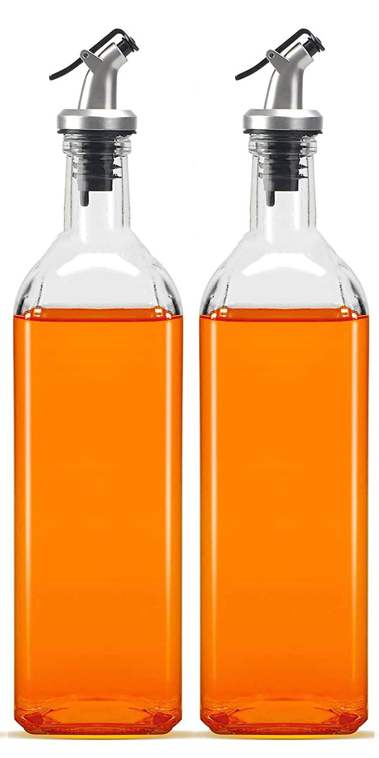Premium Glass Oil Dispenser Bottle - 1000ml (33.8oz) - Set of 2 Clear Kitchen Oil Bottles with Drip-Free Spout - Perfect for Olive Oil, Vinegar & Cooking Oils - Ideal for Restaurants, Home Kitchens & Meal Prep