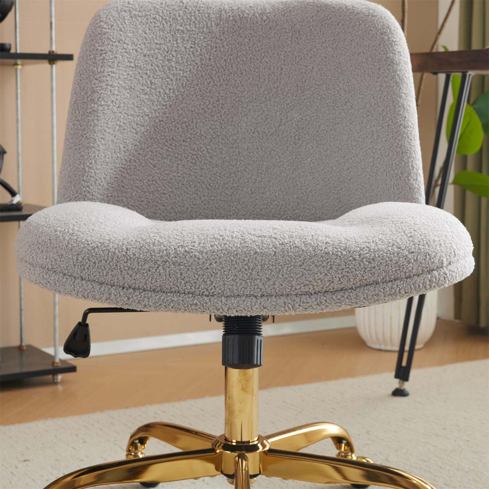 VINGLI Ergonomic Wide Criss Cross Leg Office Chair with Lumbar Pillow - Gold Base Swivel Desk Chair for Home Office & Bedroom, Adjustable Dual-Use Design (Wheels Optional), Soft Teddy Fleece Gray Fabric - Perfect for Long Work Sessions, Gaming & Vanity Makeup Areas
