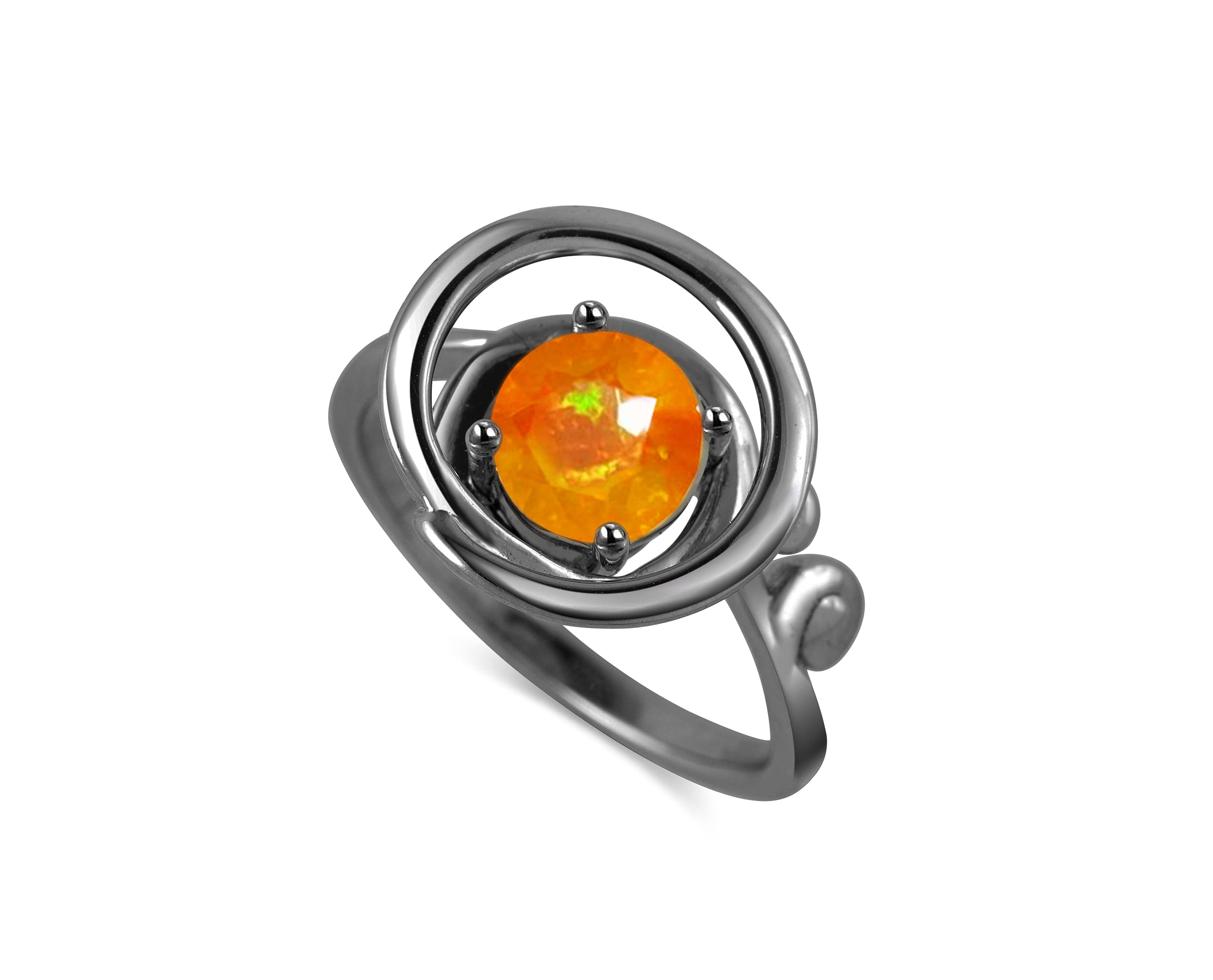 Fire Opal Ring for Women - Solitaire October Birthstone Sterling Silver Ring - Unique Wave Circle Black Ring for Everyday Wear & Special Occasions
