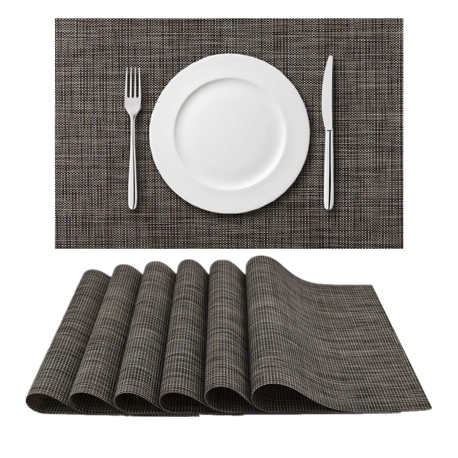 6-Pack Woven Washable Vinyl Placemats for Kitchen & Dining Table - Wipeable, Durable & Stylish (Grey) - Perfect for Everyday Meals, Dinner Parties & Home Decor