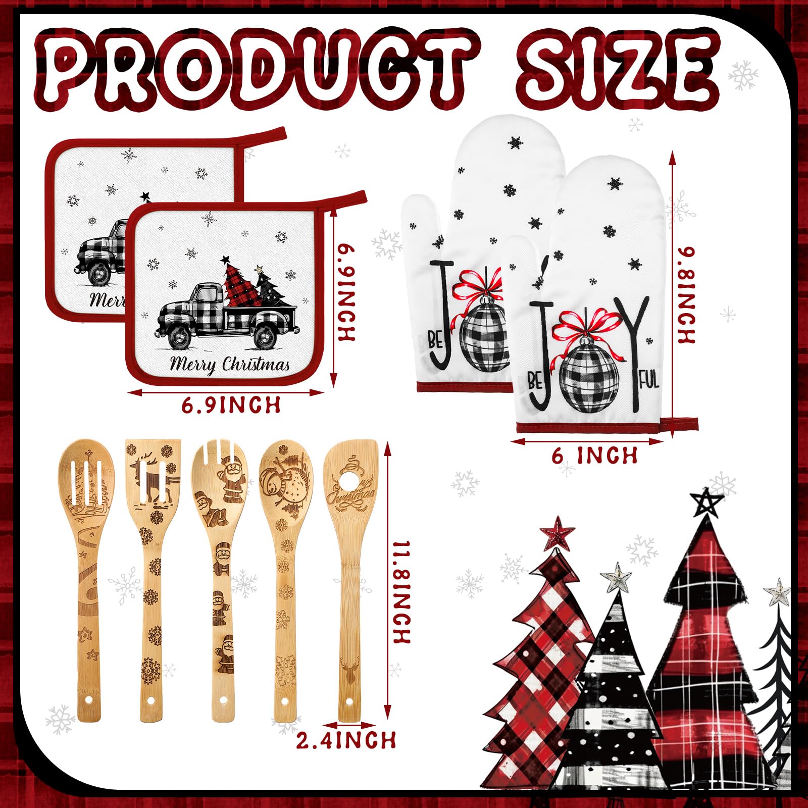 Bencailor 13-Piece Farmhouse Kitchen Towel Set with Oven Mitts, Pot Holders, Aprons & Wooden Spoons - Red White Tree Design for Rustic Cooking, Baking & Home Decor