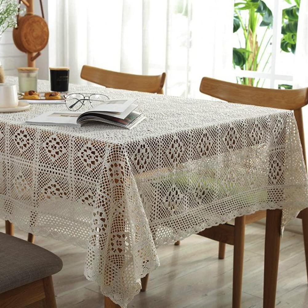 Handmade Cotton Crochet Lace Tablecloth - 55 x 55 Inch Beige Square Table Cover for Buffet, Dining Table, Wedding & Party Decor | Dust-Proof & Elegant for Holiday Dinners, Banquets & Home Decor