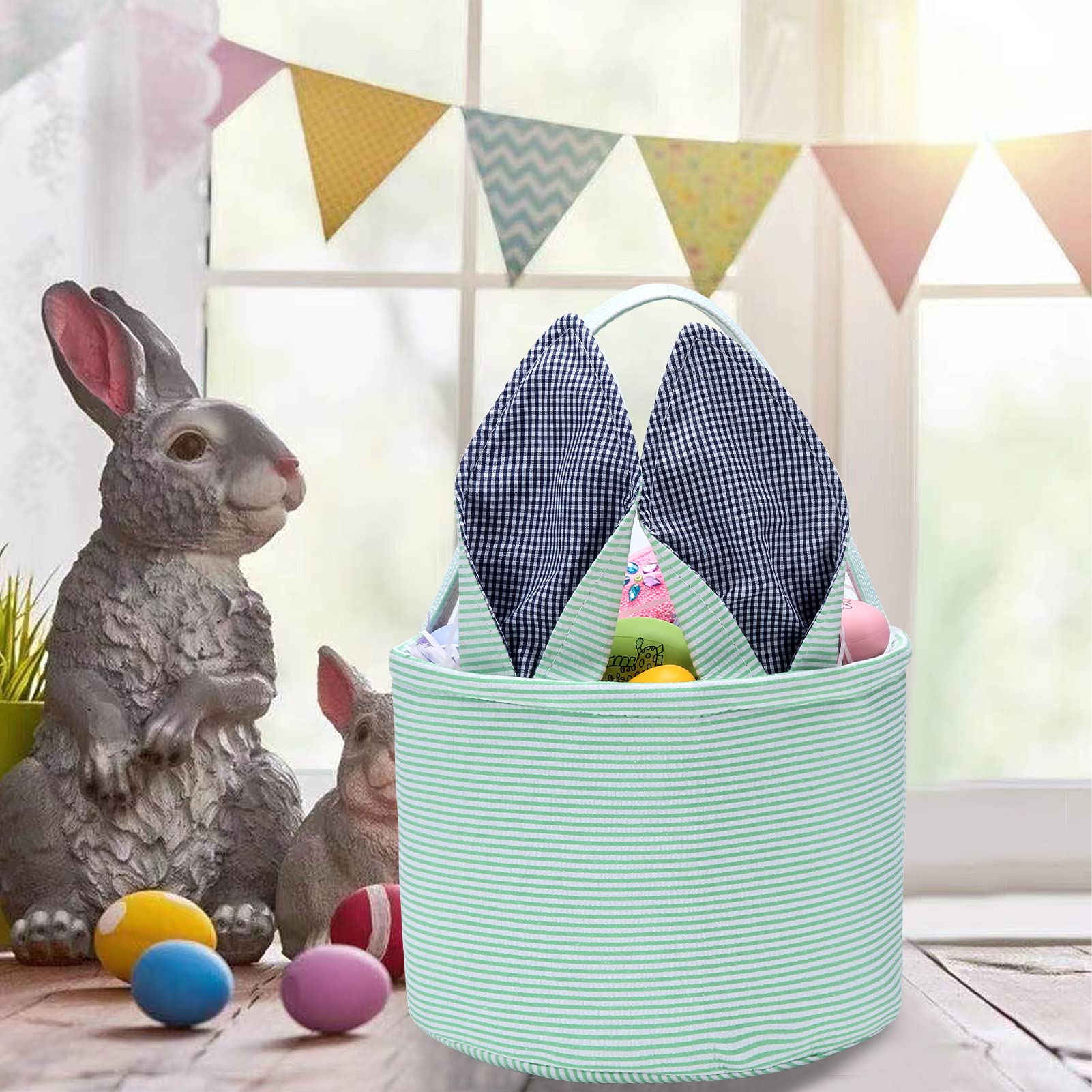 Personalized Easter Bunny Basket - Seersucker Egg Bags for Kids with Fluffy Tail, Green Rabbit Print Candy Bucket | Easter Gift Bags for Egg Hunts, Party Favors & Spring Celebrations