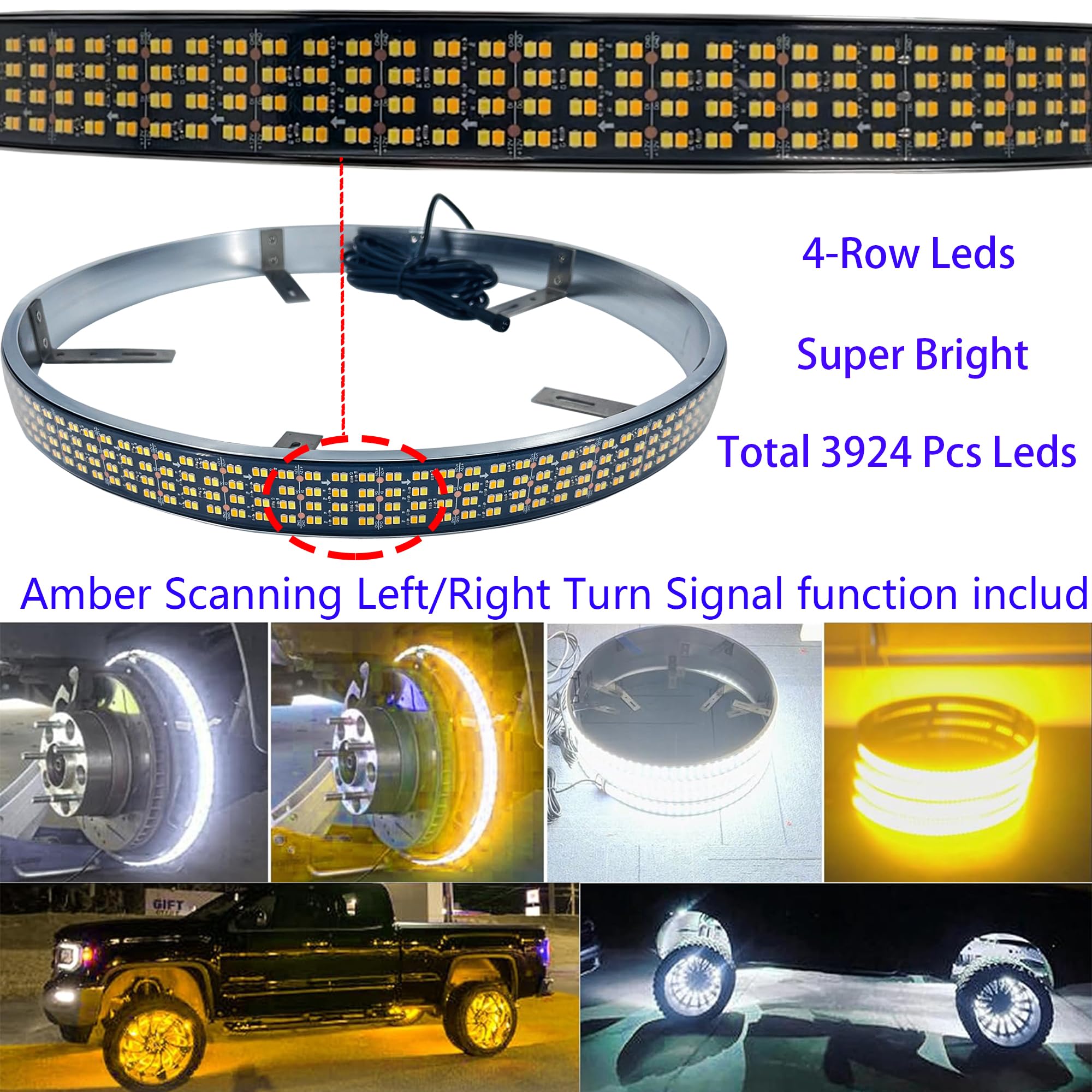 15.5 Inch Quad Row Amber White LED Wheel Ring Lights with Amber Turn Signal Scanning Function, 3924 LEDs, Waterproof IP68, RF Remote Control - for Trucks, Cars, SUVs, Pickups (Ideal for Off-Roading, Night Driving & Custom Vehicle Lighting)