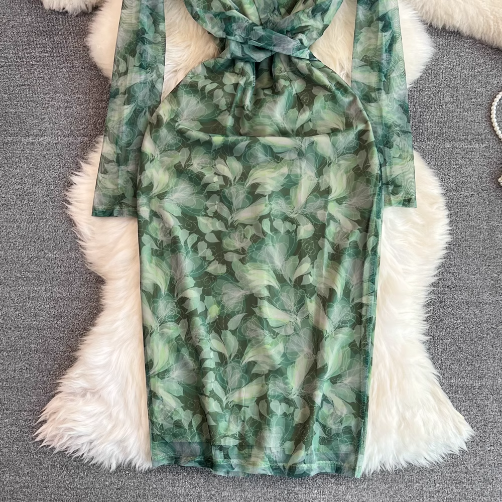 Korean Style Green Printed V-Neck Long Sleeve Sheath Dress for Women | Spring & Autumn Floral Midi Skirt | Perfect for Office Wear, Date Night & Special Occasions