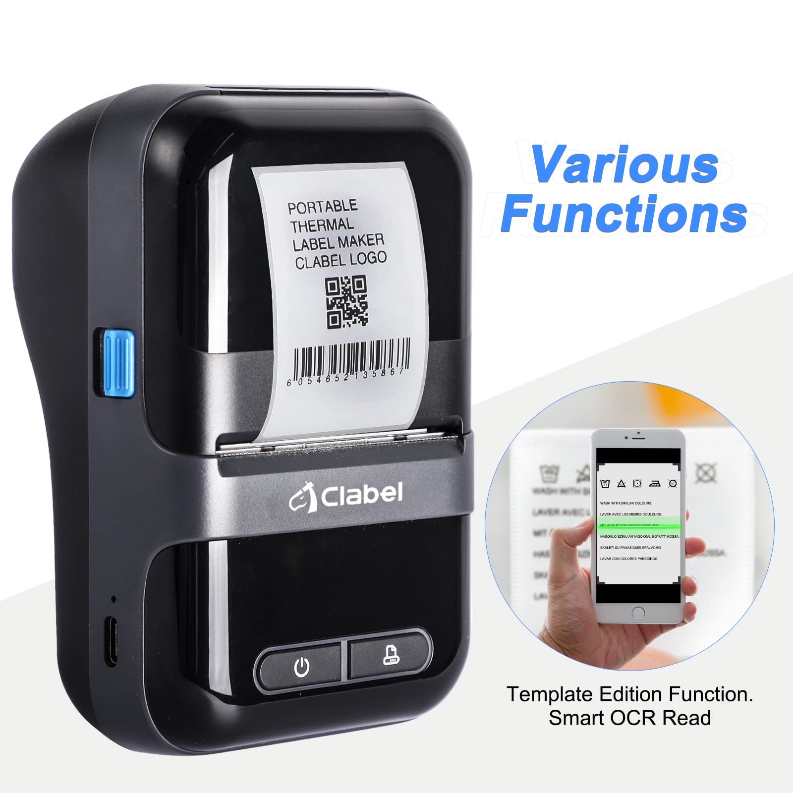 CLABEL 2 Inch Bluetooth Thermal Label Printer - Portable Barcode Sticker Maker Machine with 1 Roll Tape, No Ink Needed for Small Business, Office & Home Use | Perfect for Shipping Labels, Inventory Management & Organization (Black)