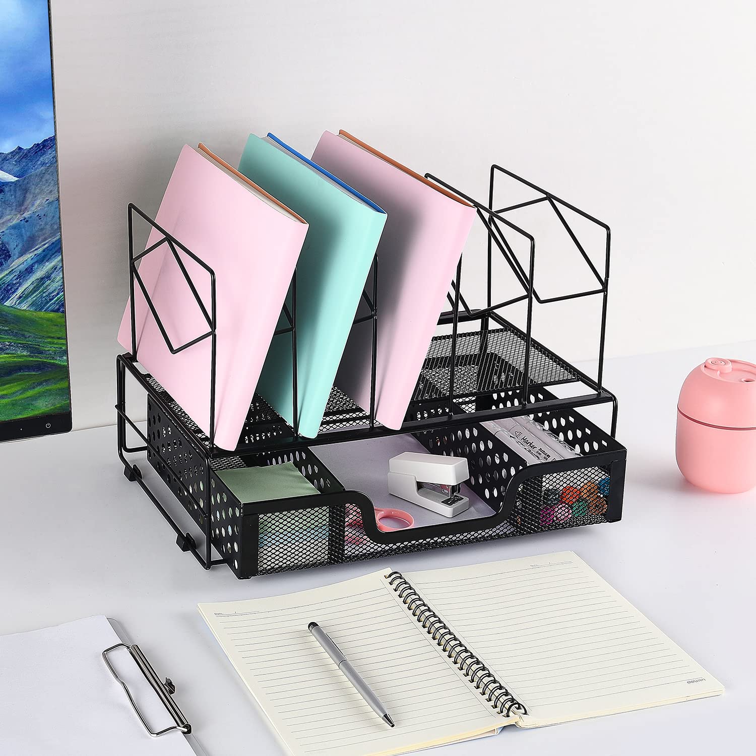 Gianotter Black Desk Organizer with Sliding Drawer - 5 Upright Section File Sorter for Office Supplies | Perfect for Home Office, Workspace, and School Desk Organization