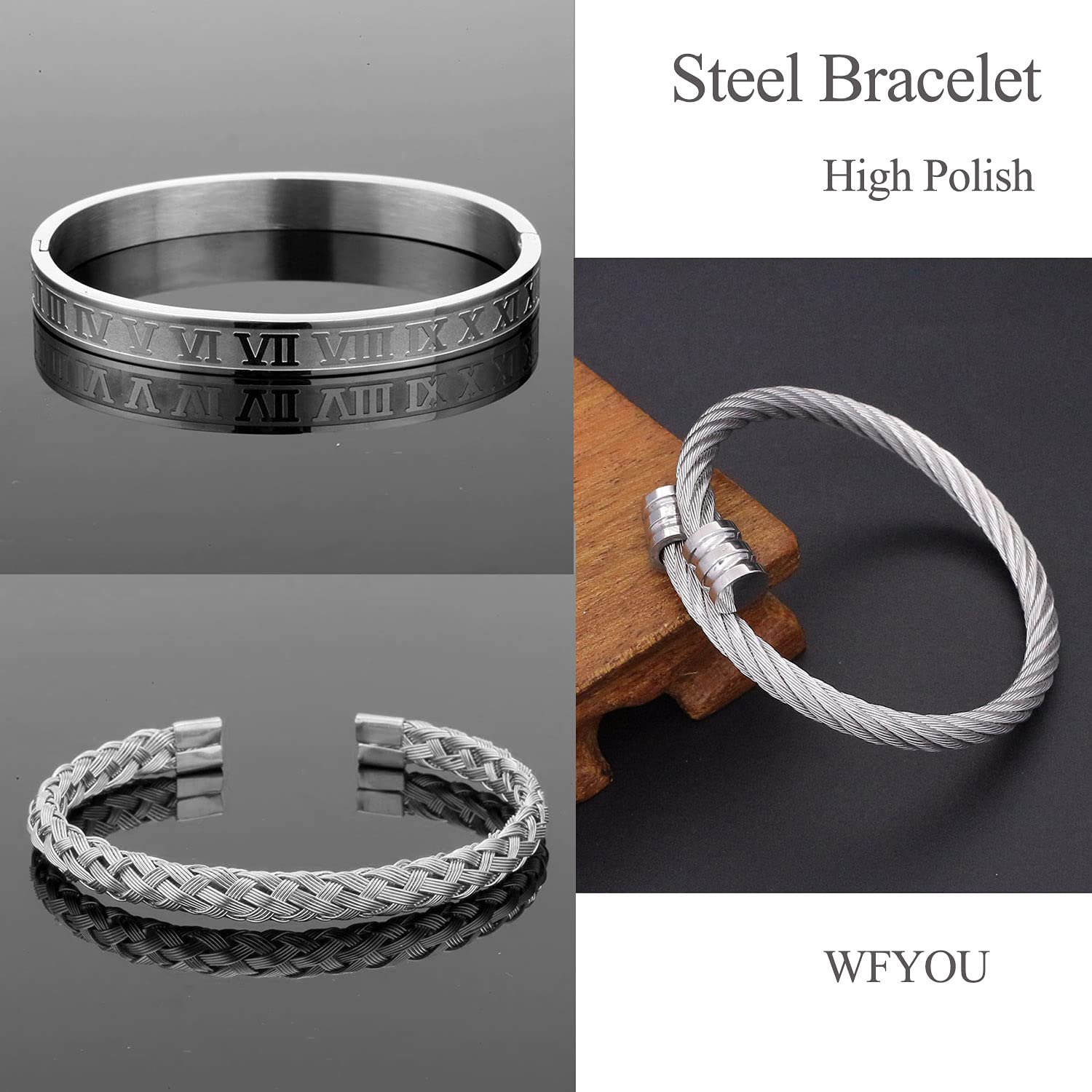 WFYOU 3PCS Stainless Steel Bracelets for Men - Gold Roman Numeral & Adjustable Cuff Bracelets - Luxury Mens Jewelry Gifts for Birthday, Anniversary, Wedding & Everyday Wear