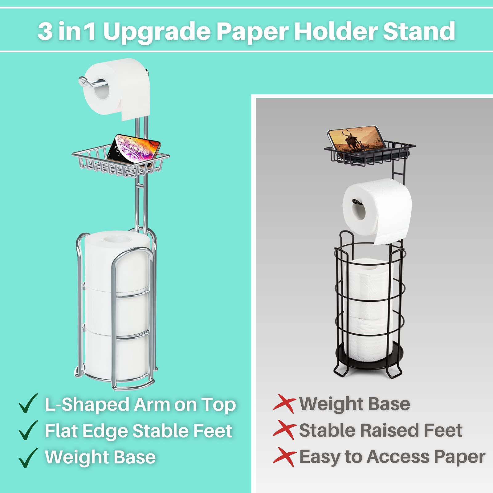 TreeLen Chrome Freestanding Toilet Paper Roll Holder with Shelf - Modern Metal Bathroom Tissue Storage Organizer for Bathroom, Kitchen, RV & Office Use