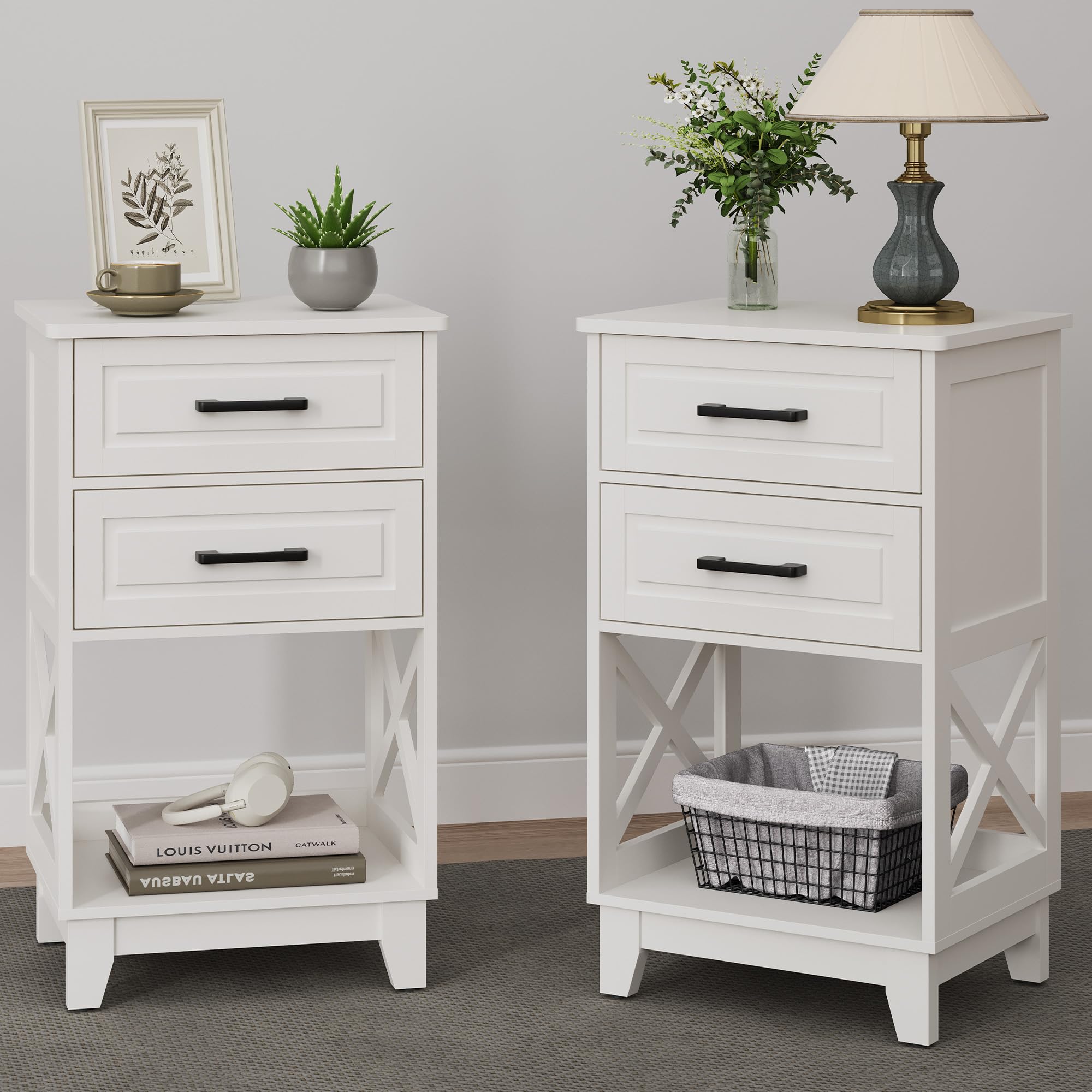 RoyalCraft White Modern Nightstand Set of 2 - Tall Bedside Tables with 2 Drawers & Open Shelf, Solid Wood Feet - Perfect for Bedroom, Home Office & Living Room Storage Solutions