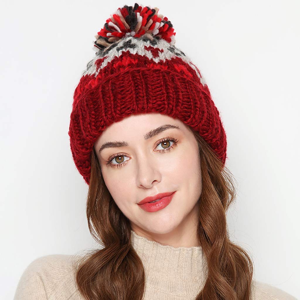 Women's Winter Beanie Hat - Soft Knitted Wool Hat with Fur Pompom, Cable Knit Cuffed Bobble Hat for Cold Weather (Red) - Perfect for Skiing, Snowboarding & Outdoor Winter Activities