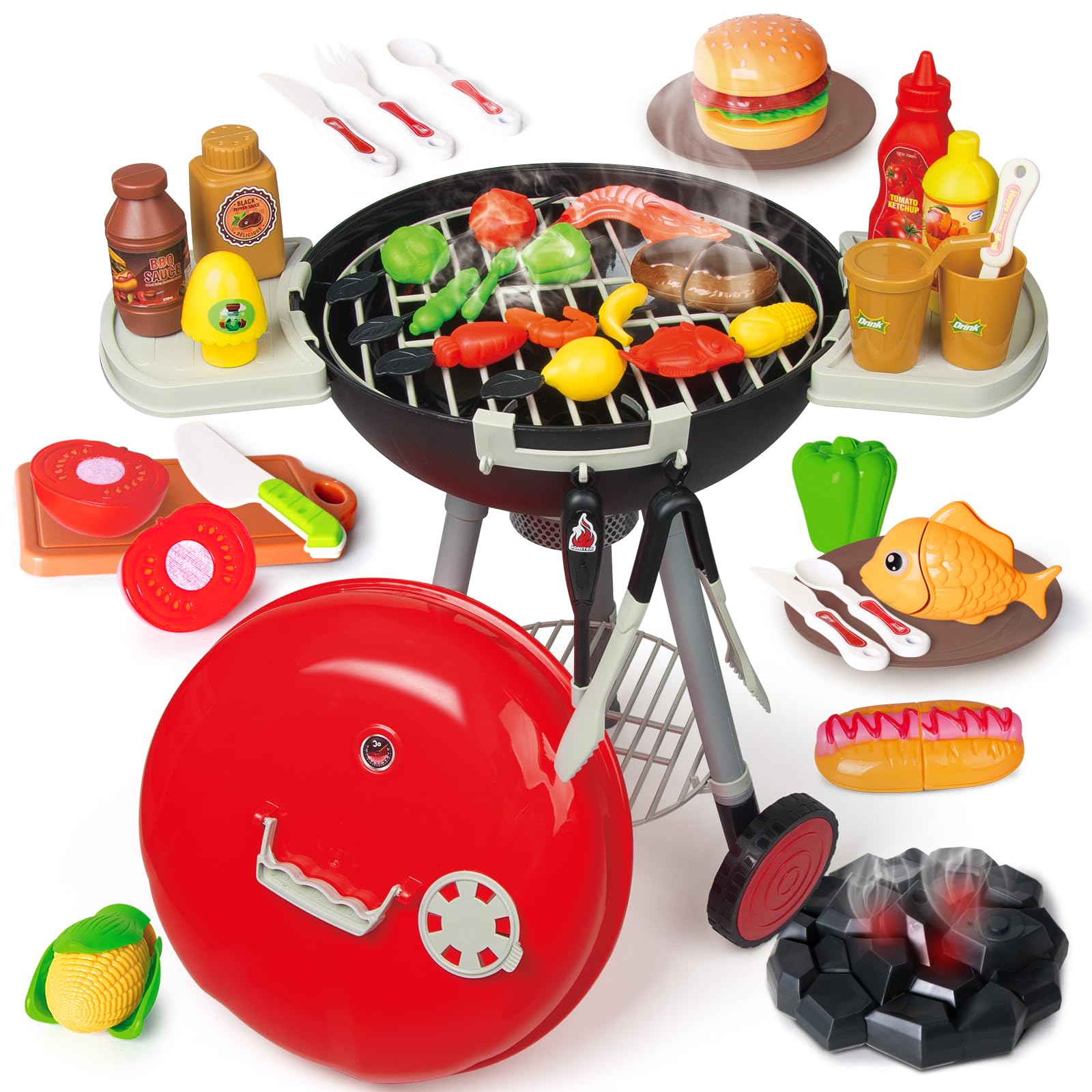 79PCS Kids BBQ Grill Playset with Realistic Spray, Light & Sound - Interactive Kitchen Toy for Toddlers & Preschoolers - Perfect Christmas Birthday Gift for Boys & Girls - Outdoor Pretend Play & Role-Playing Fun