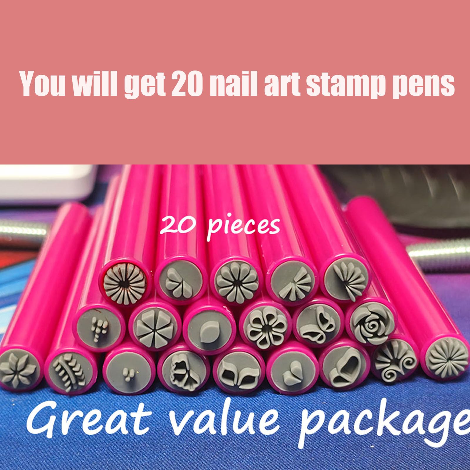 20Pcs Nail Art Stamp Pen Set with Flower Patterns - DIY Nail Design Tools for Home & Salon Use