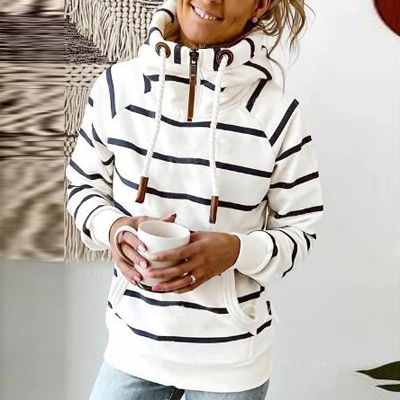 Women's Zip Hoodies Fashion Stripe Turtleneck Long Sleeve Sweatshirt with Drawstring & Pockets - Fall Casual Workout Tops for Outdoor Activities & Lounge Wear