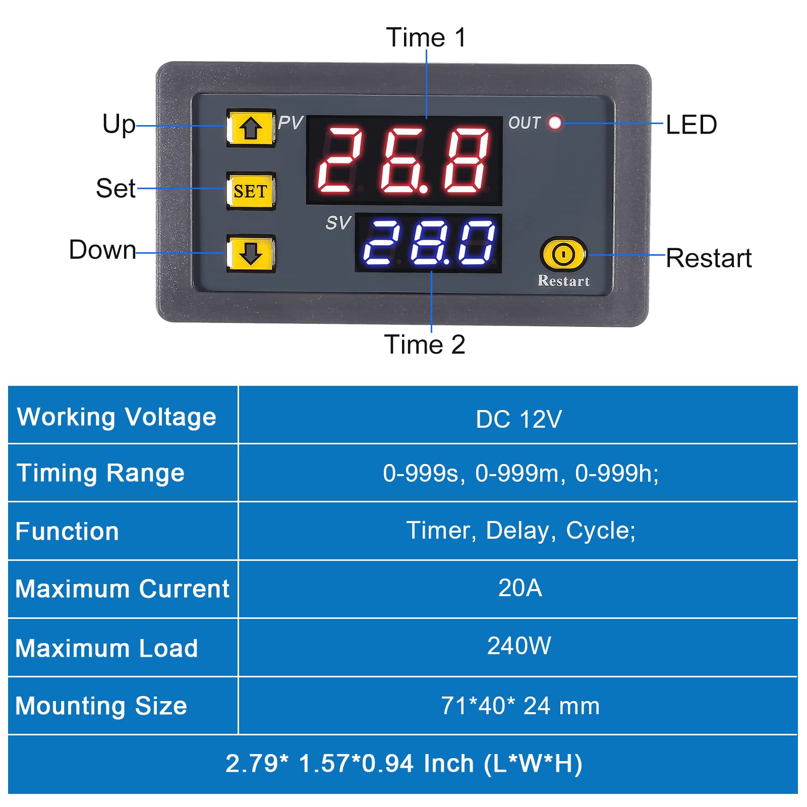 2Pcs 12V 20A Programmable Digital Timer Relay Switch with LED Display - DC Cycle Delay Relay Module (0ms-999h) for ON/OFF Control - Perfect for Industrial Automation, Home Appliances, and DIY Electronics Projects