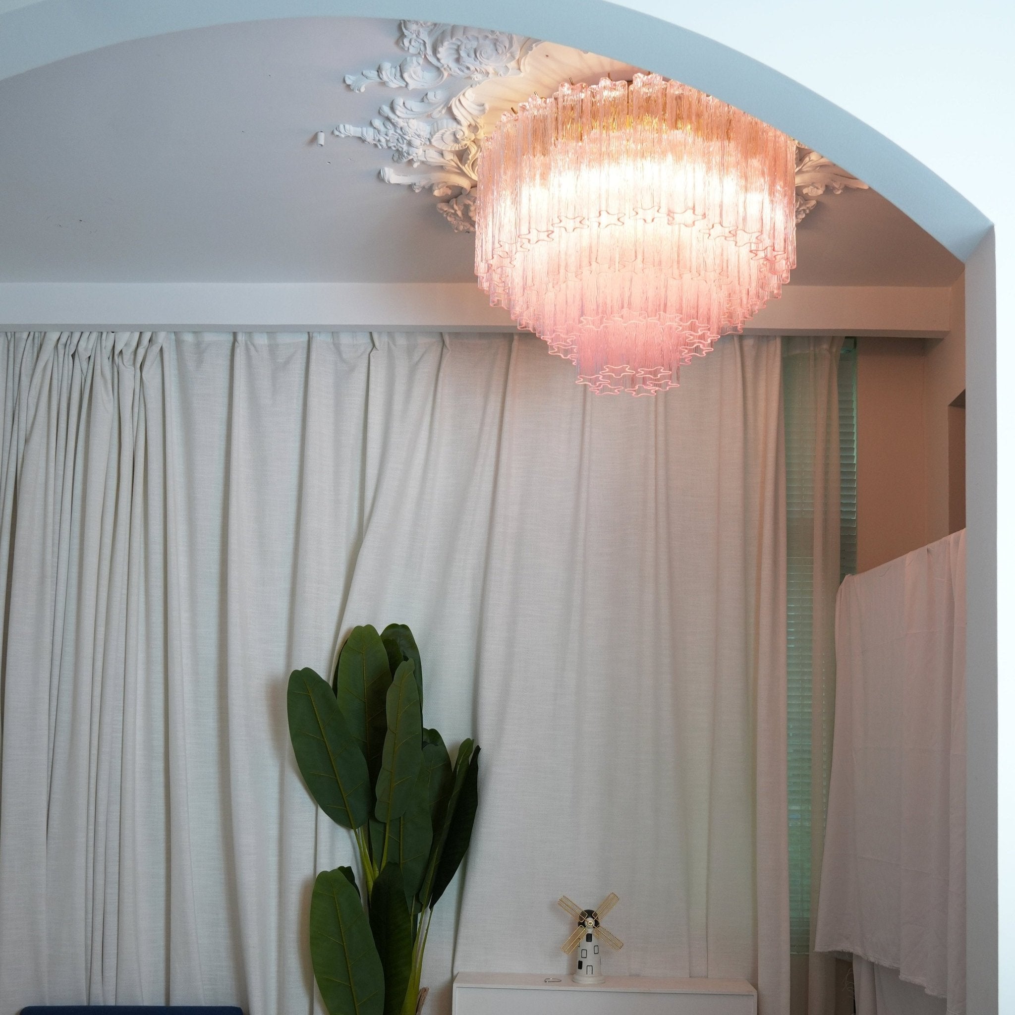 Murano Pink Glass Ceiling Light Fixture - Handcrafted Venetian Style Chandelier for Dining Room, Bedroom & Living Room Decor