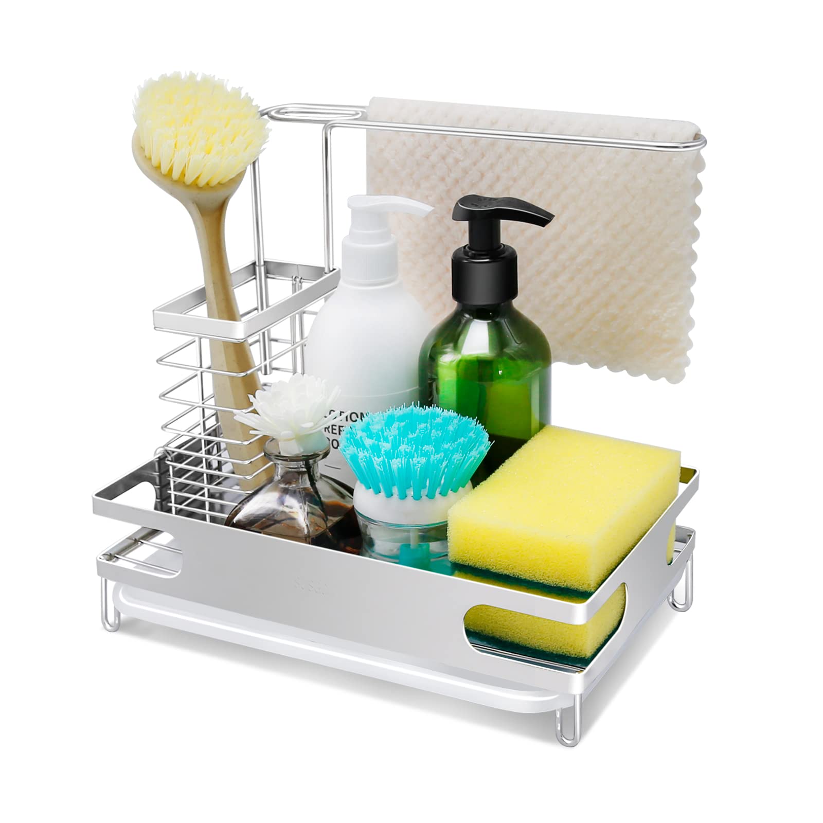 Stainless Steel Kitchen Sink Organizer - Sponge Holder, Soap Dispenser & Scrubber Storage | Countertop Sink Caddy for Dish Rags & Brushes | Perfect for Small Kitchen Organization & Decluttering
