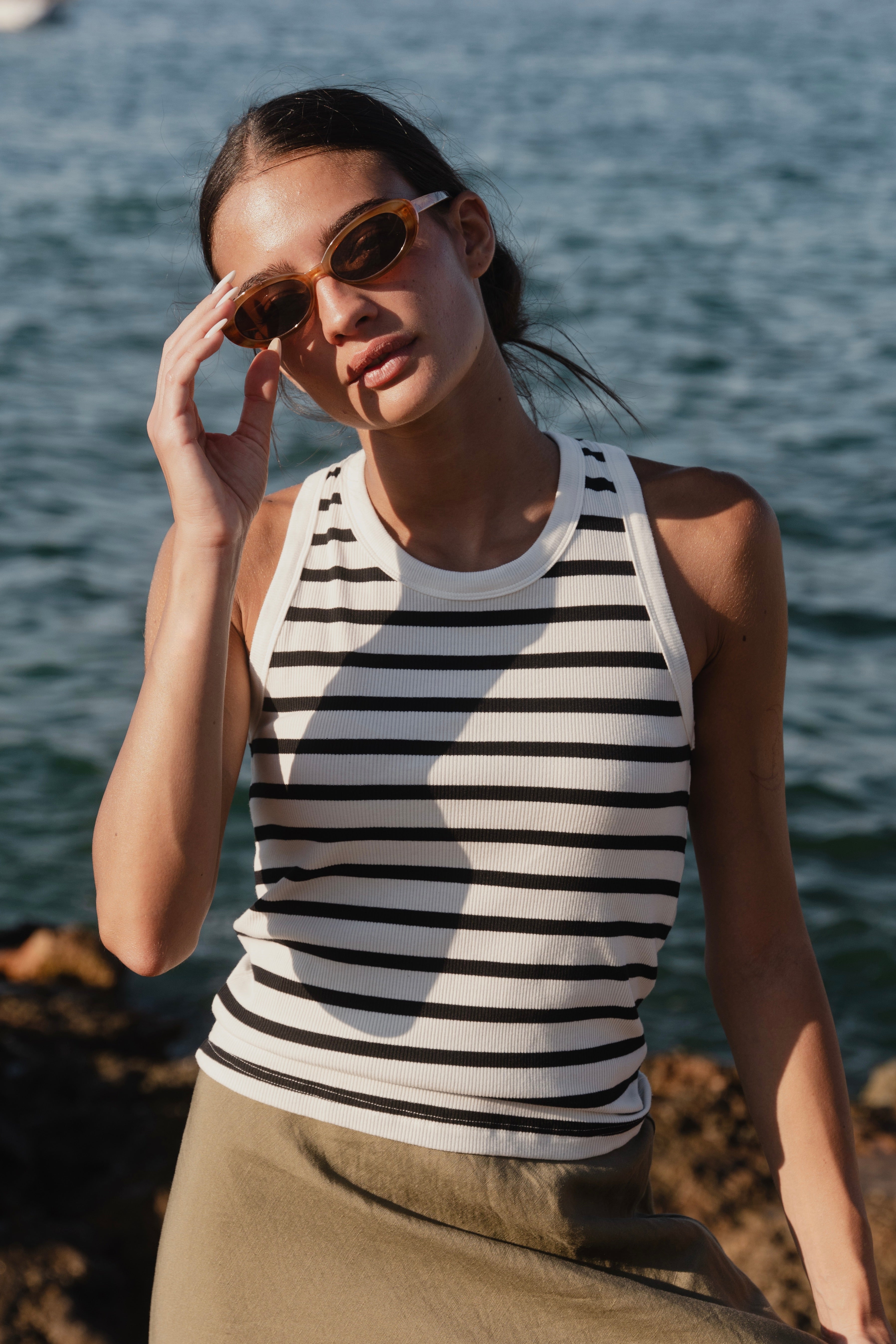 Cobble White & Black Stripe Rib Cutaway Tank Top for Women - Casual Summer T-Shirt for Outfits, Beach, and Layering