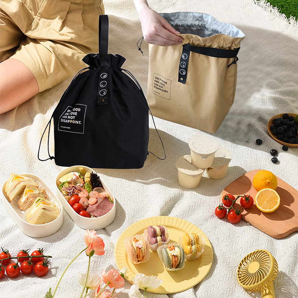 Insulated Canvas Lunch Bag with Drawstring Closure - Foldable Lightweight Cooler Tote for Work, Office & Picnic - Yellow Lunch Box for Adults & Kids - Perfect for School, Travel & Outdoor Activities