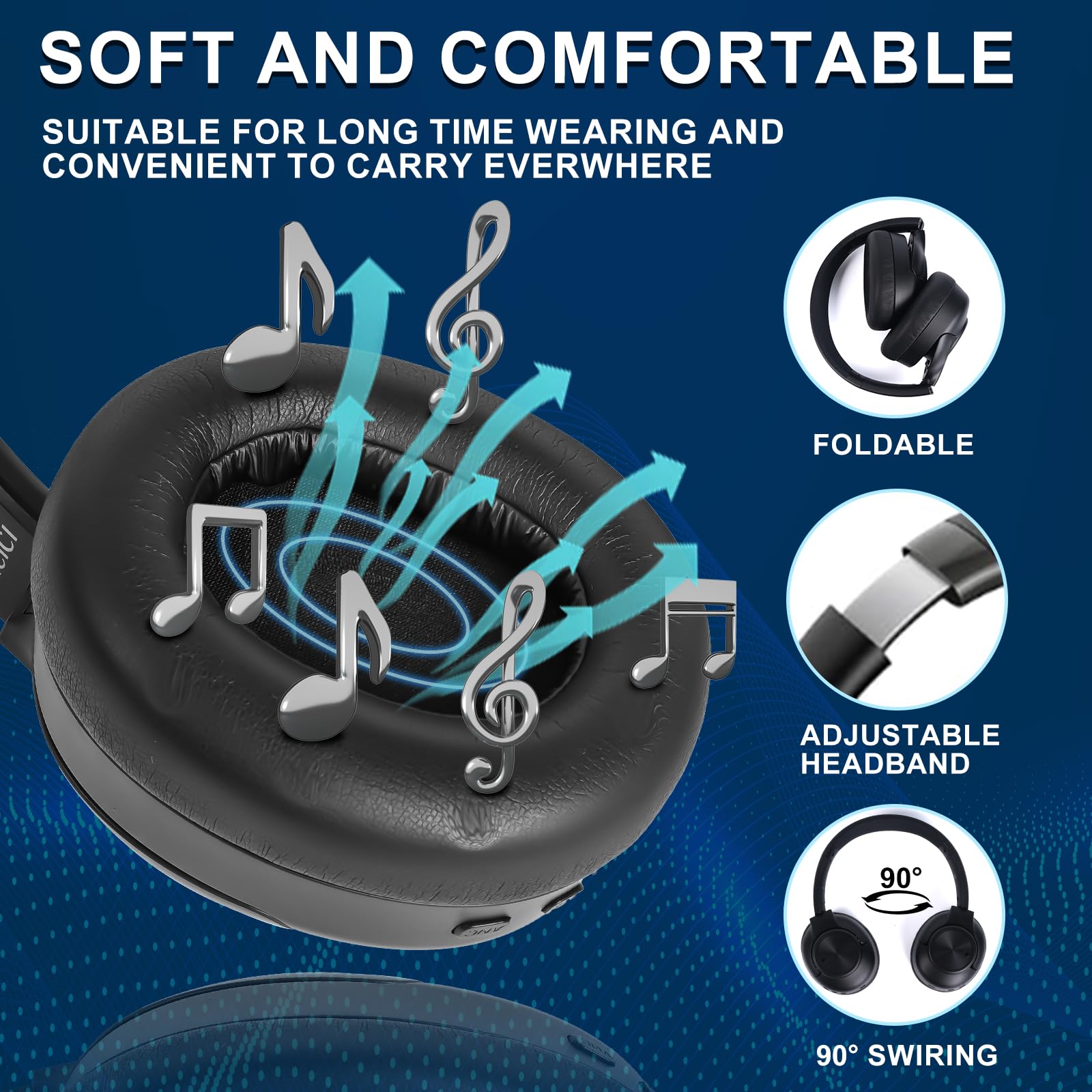 Premium Active Noise Cancelling Headphones - Wireless Bluetooth Over-Ear Headphones with HiFi Sound, 60H Playtime for Android/iOS - Perfect for Travel, Work & Gaming