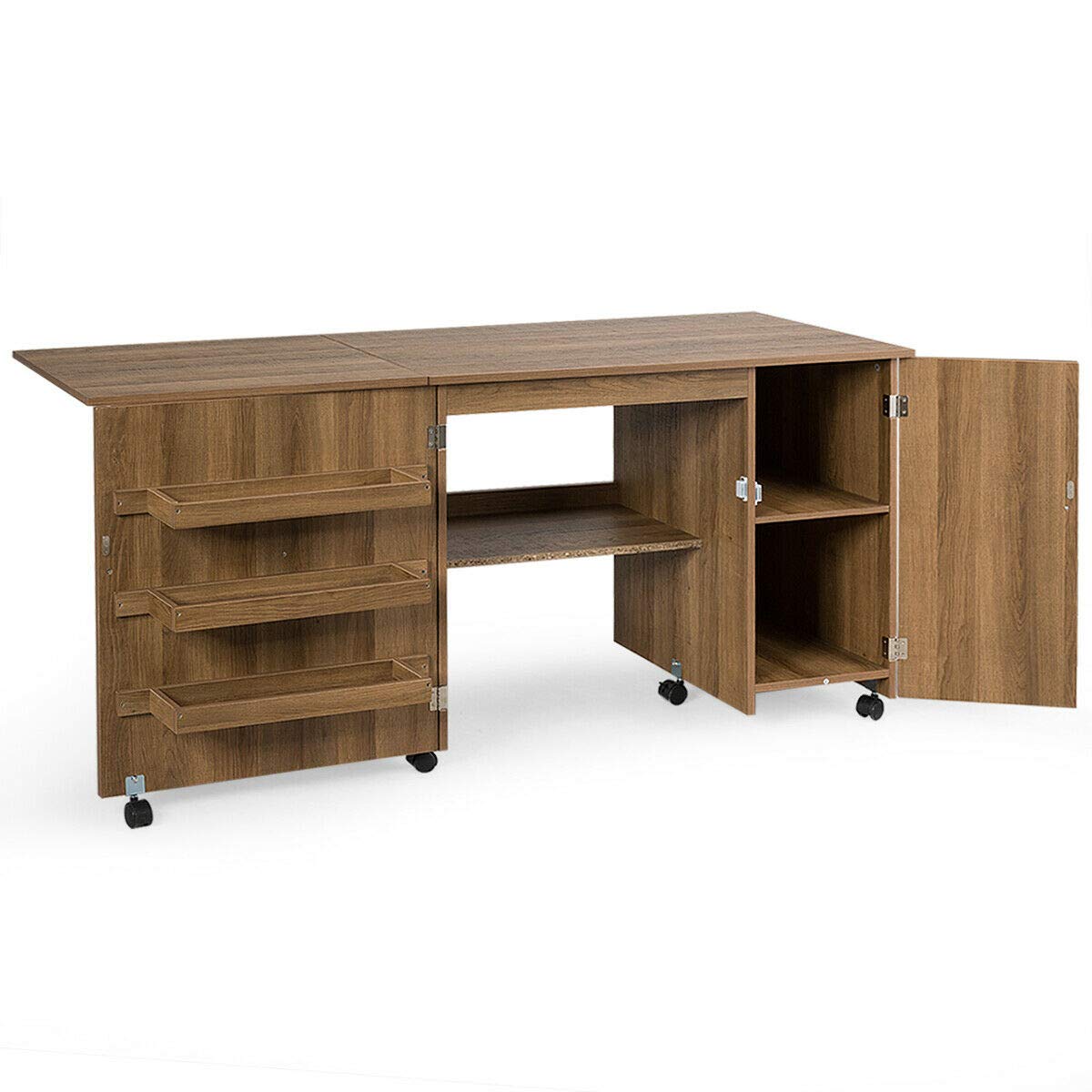 Foldable Sewing & Craft Table with 3 Storage Bins, Adjustable Shelf & Lockable Wheels - Compact Rolling Sewing Machine Workstation for Small Spaces & Apartments - Perfect for Quilting, DIY Projects & Home Crafting (Natural Wood Finish)