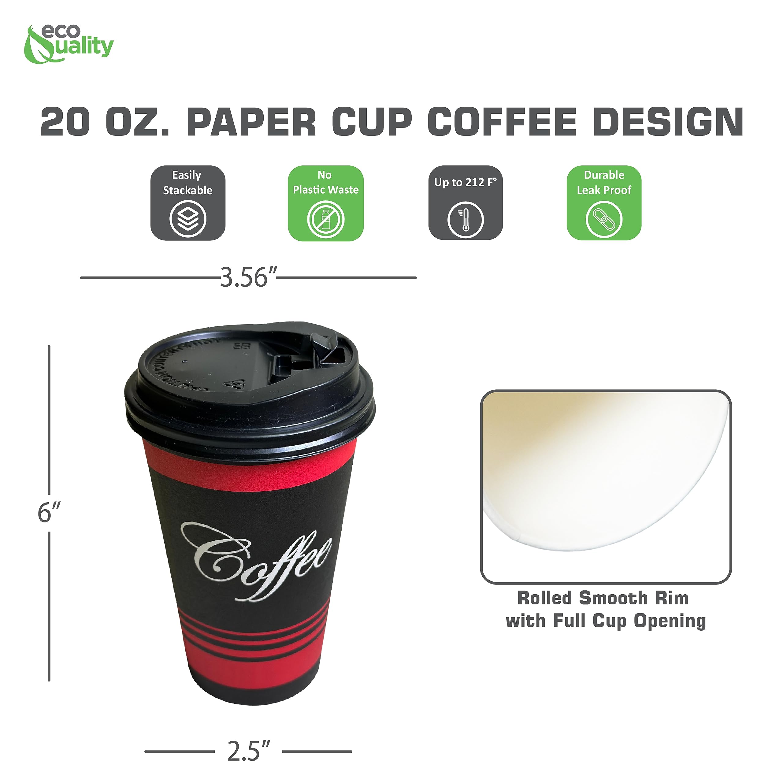 EcoQuality 20 oz Extra Large Disposable Paper Cups with Black Dome Lids - Bulk Pack of 75 for Hot & Cold Beverages, Coffee, Tea, Cocoa - Perfect for Coffee Shops, Offices, Parties, and Travel Use