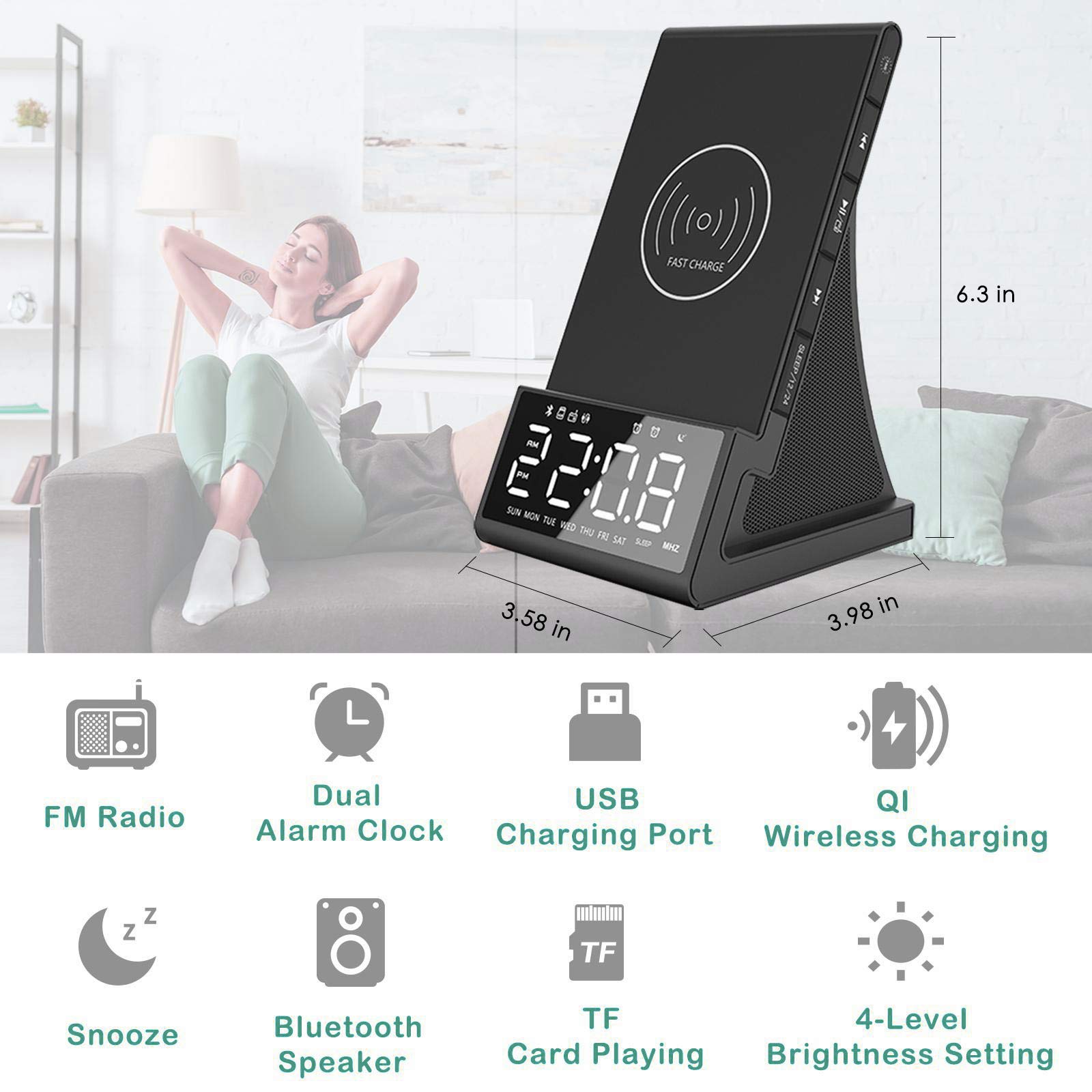 Wireless Charging Alarm Clock Radio with Bluetooth Speaker, USB Charger & Temperature Display - Dual Alarms, Snooze, 4-Level Dimmer for Bedroom, Office, Nightstand (Perfect for iPhone & Android Charging)