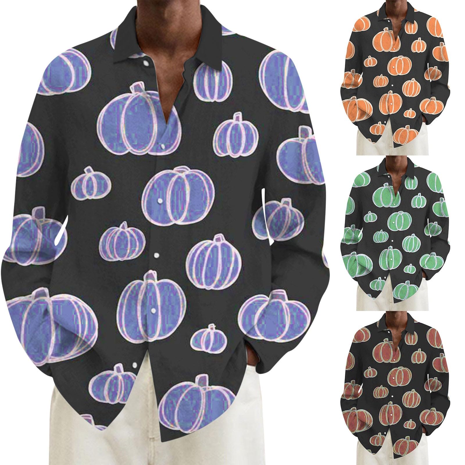 Parise Men's Halloween Long Sleeve Pumpkin Print Dress Shirt - Cute Button Down Fall Party Top for Casual Wear & Costume - Plus Size Available | Office, Halloween Party, Thanksgiving Celebration