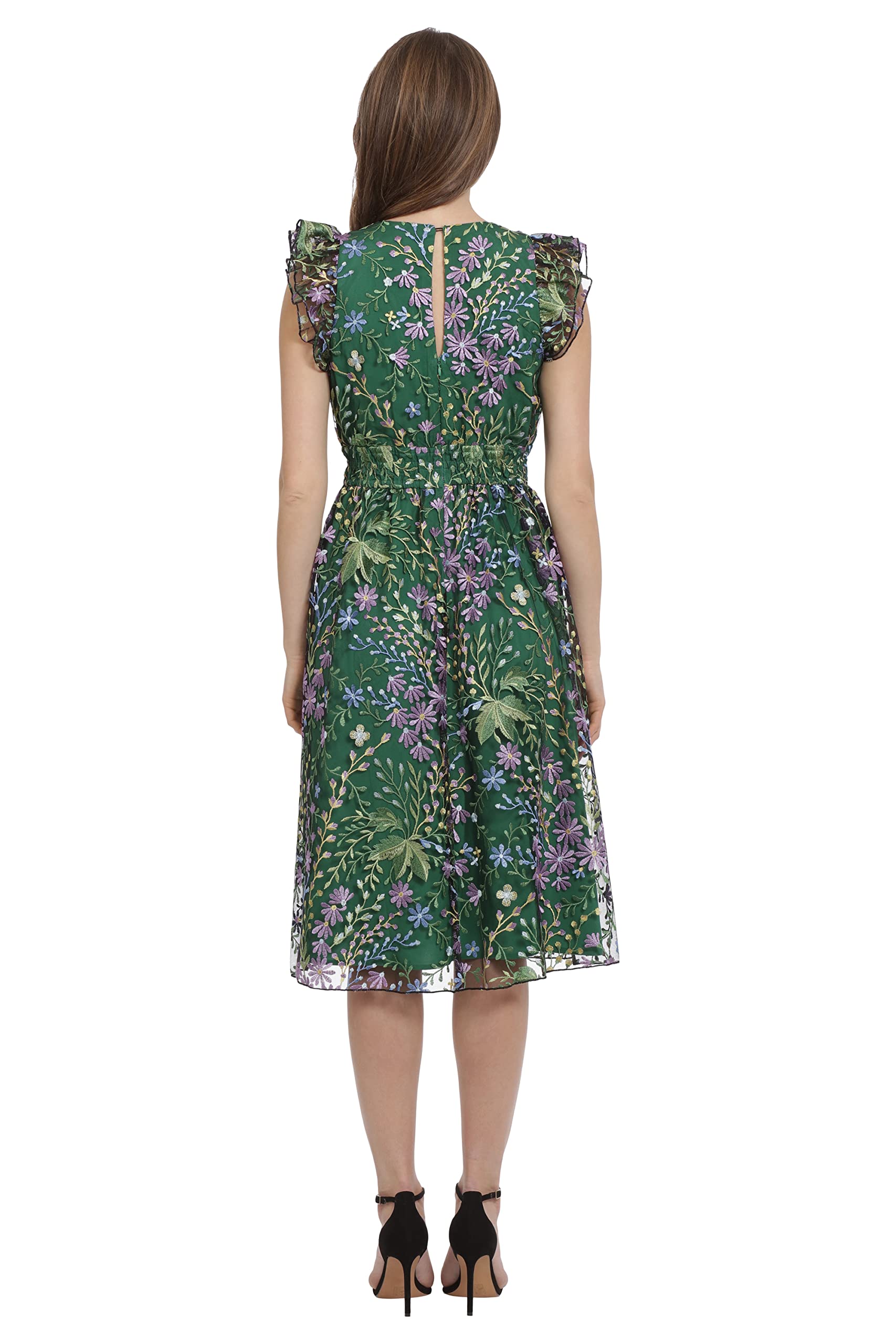 Maggy London Women's Floral Embroidered V-Neck Dress - Colorful Garden Print Party Gown for Wedding Guest, Cocktail Event & Special Occasions