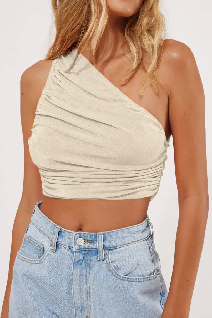 CHYRII Women's Sexy Sparkly One Shoulder Crop Top Sleeveless Ruched Tank Top for Club Party Night Out Summer Vacation Beachwear