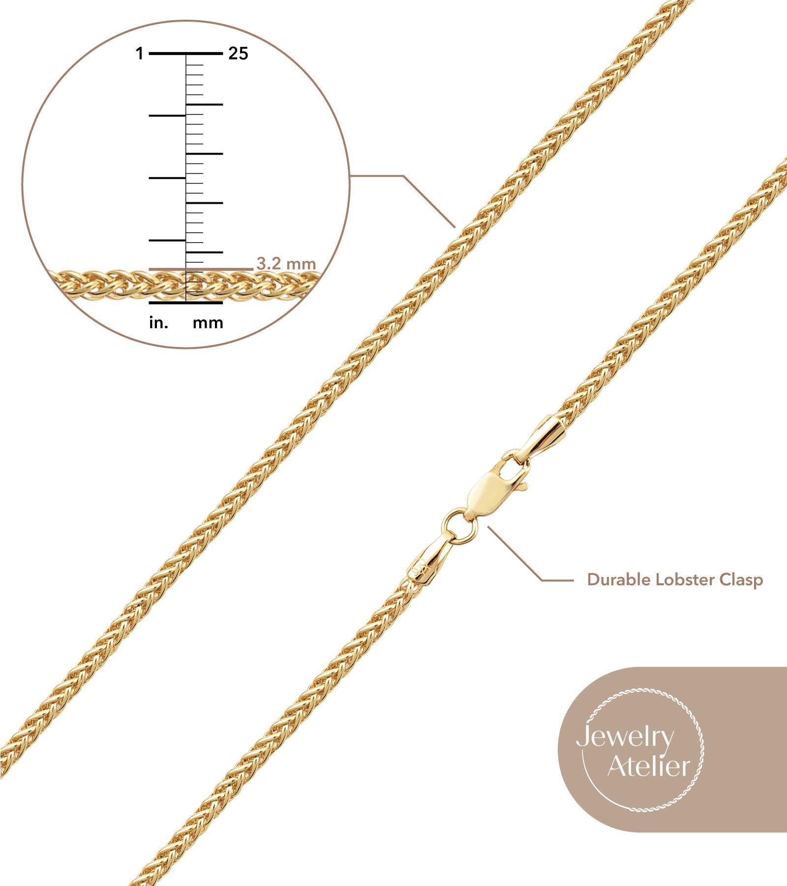 14K Solid Yellow Gold Filled Round Wheat/Palm Chain Necklace for Women & Men - 2.5mm & 3.2mm Sizes - Elegant Unisex Jewelry for Everyday Wear, Gifts & Special Occasions