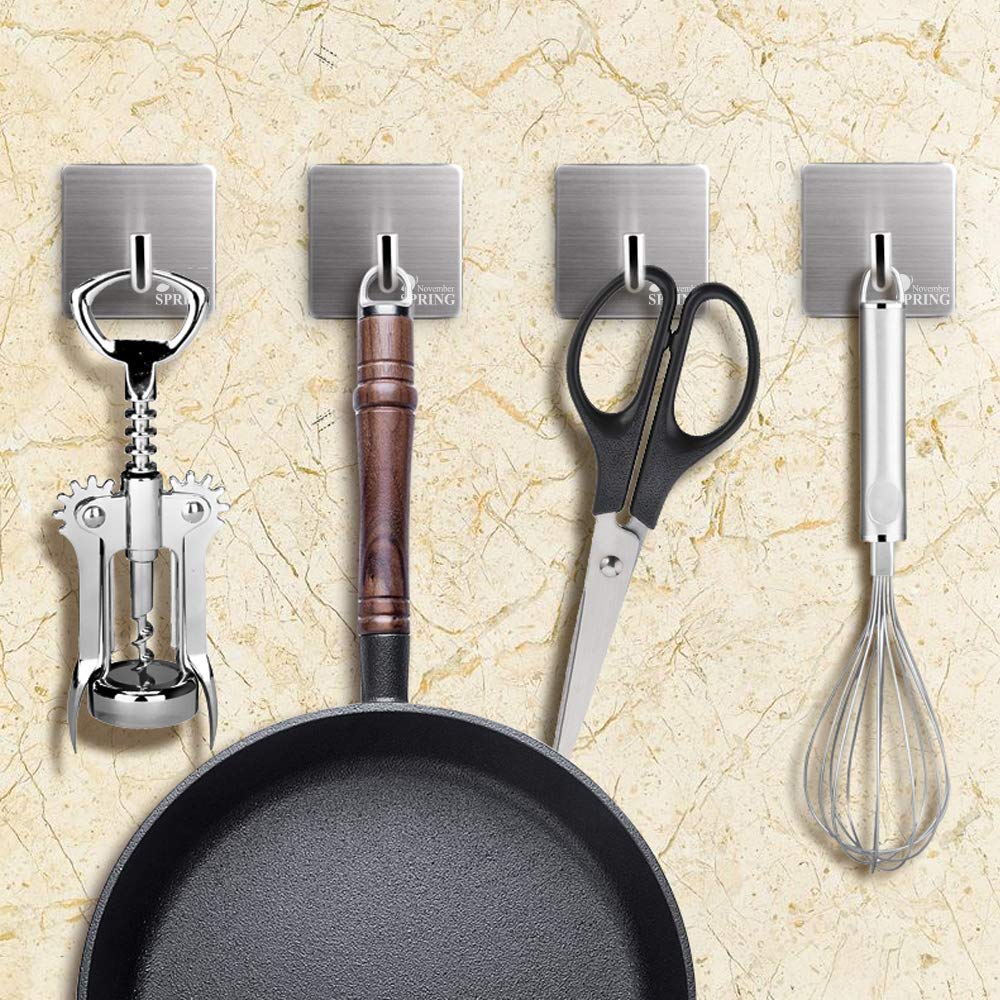 Stainless Steel Adhesive Hooks 4 Pack - Heavy Duty 11lb/5KG Wall Hooks for Kitchen, Bathroom, Pantry - Waterproof 304 Stainless Steel Hangers for Towels, Potholders, Coats & Pans - Perfect for Home Organization & Space Saving