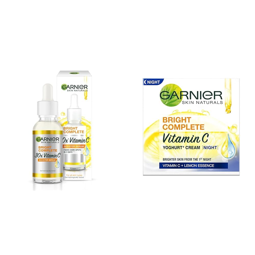 Garnier Skin Naturals Bright Complete Vitamin C Booster Face Serum - 50ml for Brightening & Dark Spot Treatment | Garnier Skin Naturals Vitamin C Yoghurt Night Cream - 40g for Overnight Skin Repair | Perfect for Daily Skincare Routine & Nighttime Moisturizing