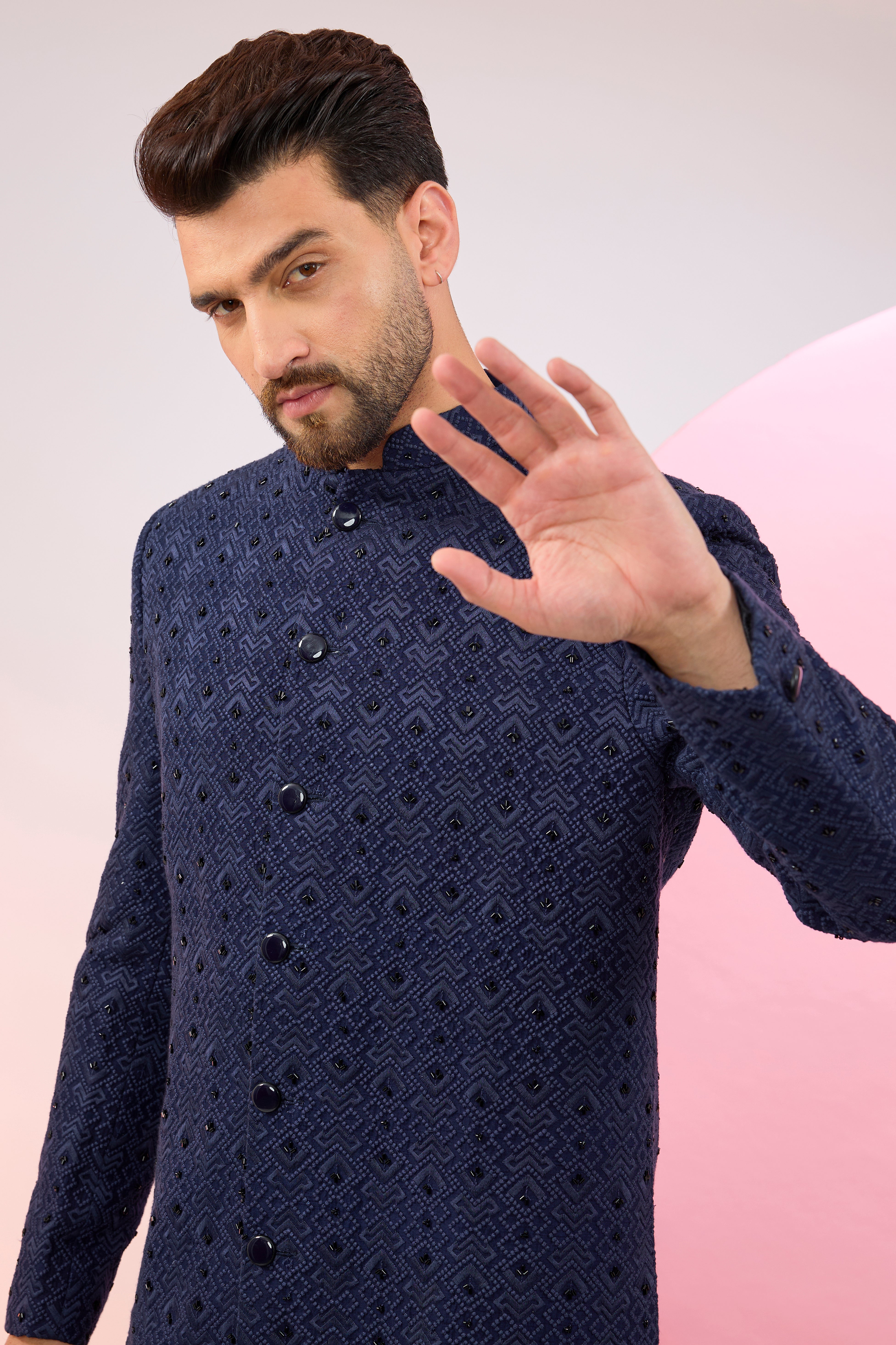 Elegant Navy Blue Embroidered Sherwani for Men with Geometric Patterns & Dana Work - Perfect for Weddings, Festivals & Special Occasions