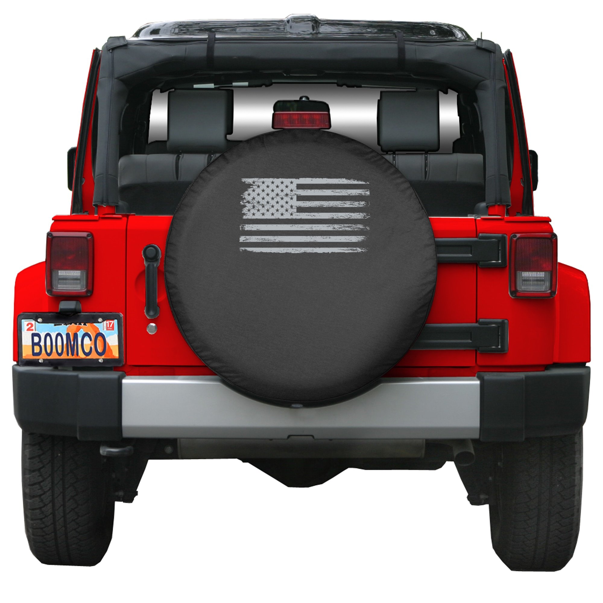 30 Inch Distressed American Flag Spare Tire Cover - Black Denim Vinyl with Silver Print - Made in USA - Perfect for Jeep, Truck & SUV Accessories
