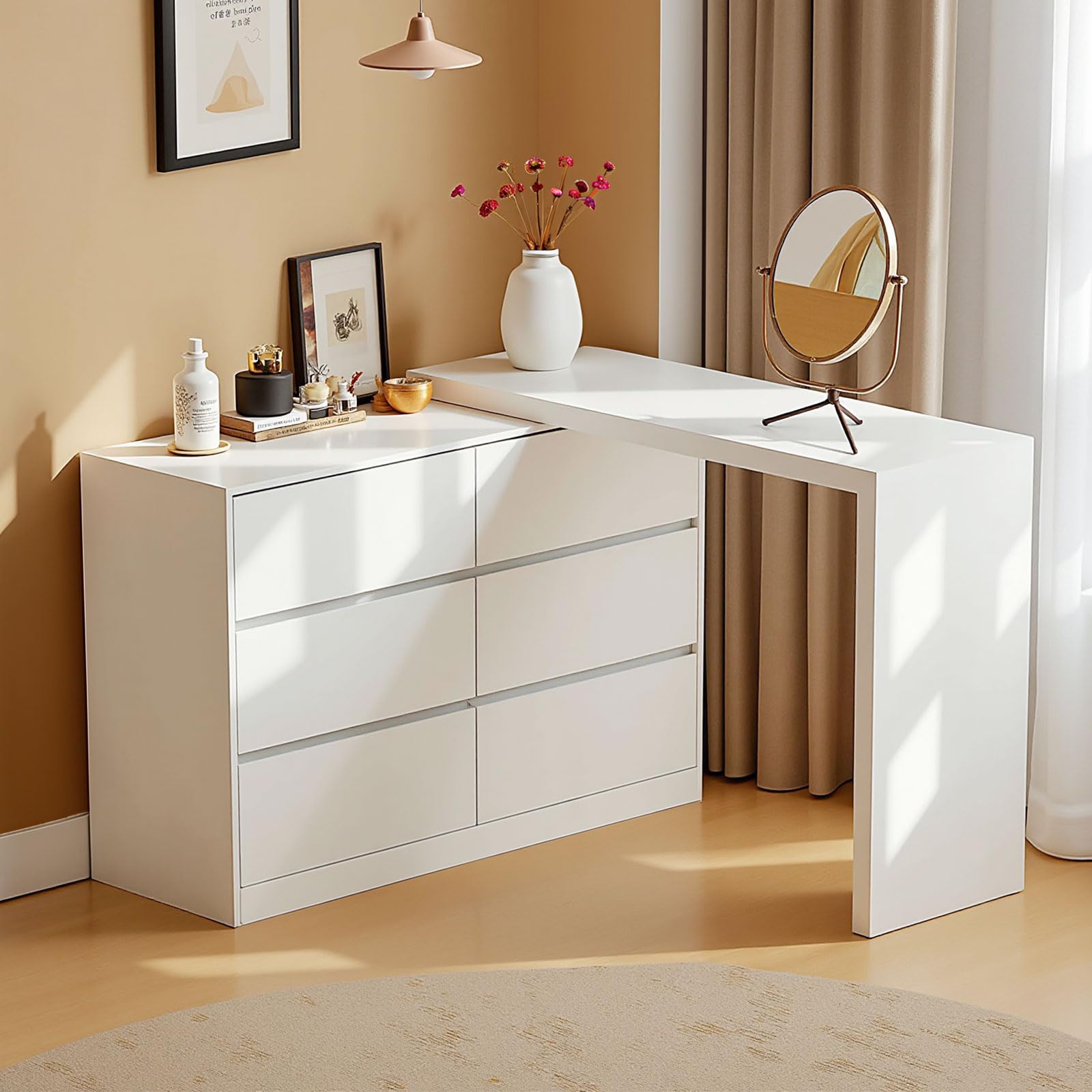 6-Drawer White L-Shaped Dresser Vanity Combo with Extendable Table and 6 Storage Drawers - MDF Bedroom & Living Room Organizer - Perfect for Small Spaces, Makeup Vanity, and Closet Storage