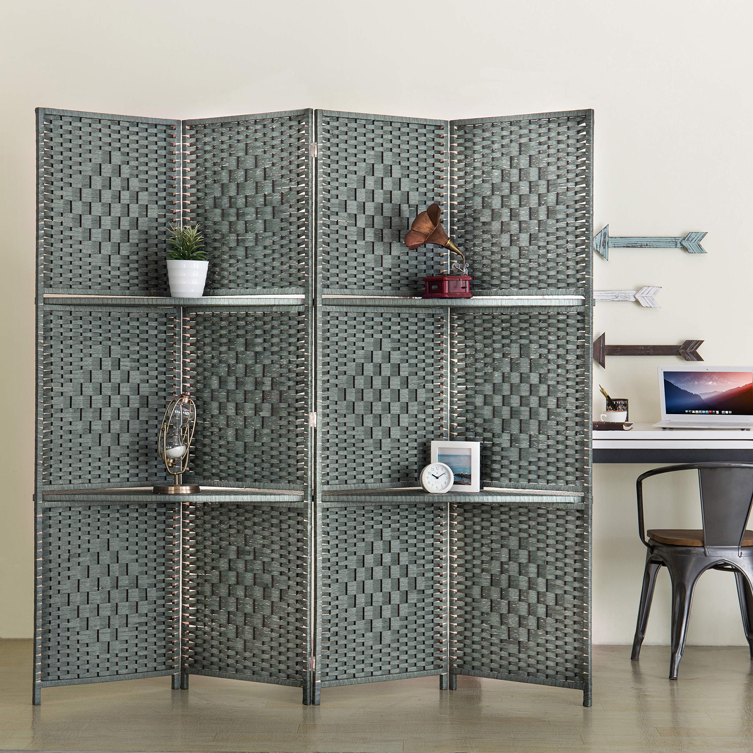MyGift 6-Foot Gray Bamboo Woven 4-Panel Room Divider with 2 Shelves - Stylish Space Separator for Home Office, Living Room & Bedroom Privacy