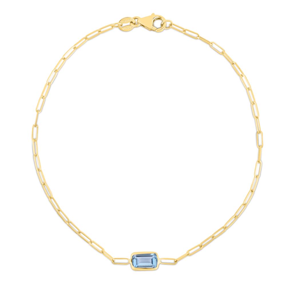 14K Gold Blue Topaz Paperclip Bracelet for Women - Elegant Minimalist Jewelry Gift for Birthday, Anniversary & Everyday Wear