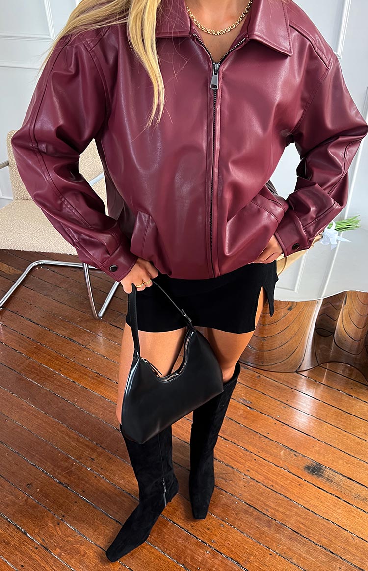 Abbi PU Red Bomber Jacket Women's Faux Leather Motorcycle Jacket - Stylish Outerwear for Casual Wear, Night Out & Fall Fashion