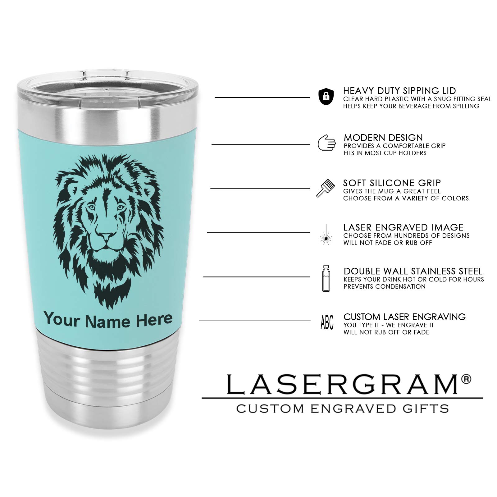 LaserGram 20oz Vacuum Insulated Stainless Steel Tumbler Mug with Aztec Calendar Design - Personalized Engraving, Leak-Proof Lid & Silicone Grip (Teal) - Perfect for Coffee, Tea, Cold Drinks at Home, Office, Gym or Travel