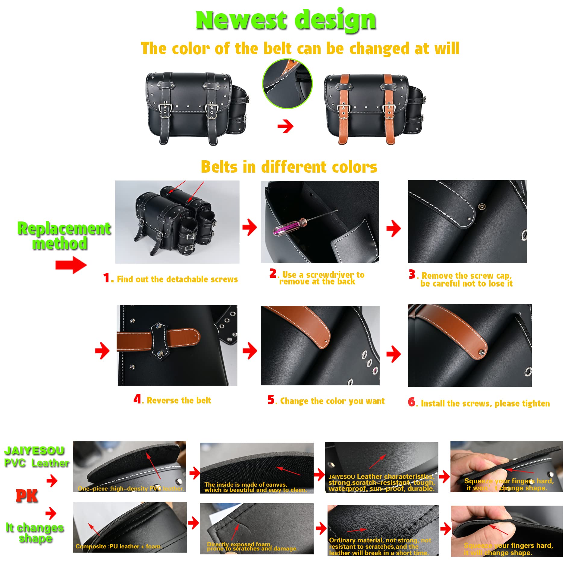 Waterproof PVC Leather Motorcycle Saddlebags - Universal Throw Over Panniers with Cup Holder & Side Tool Storage (1 Pair, Black with Brown Belt) | Durable Motorbike Luggage for Touring, Commuting & Adventure Rides