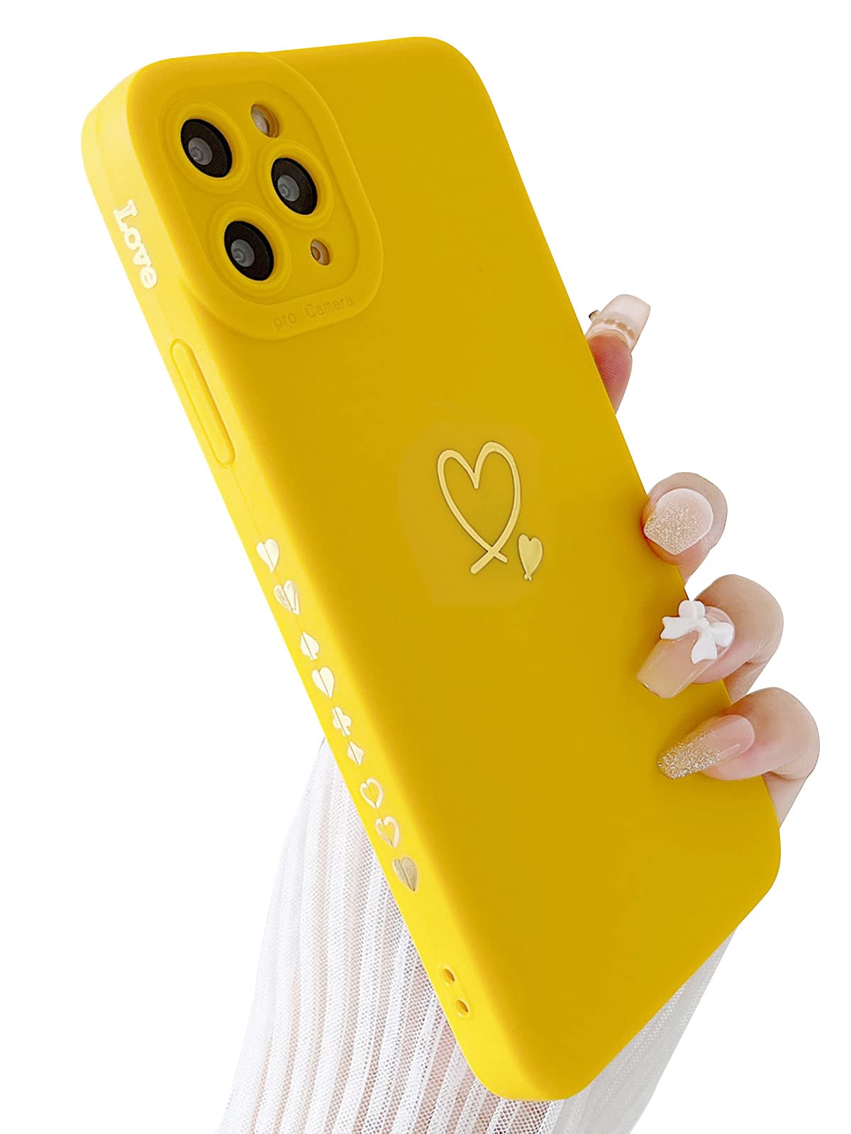 Cute Plated Love Heart iPhone 12 Pro Max Case (6.7 inch) - Yellow, Soft TPU Shockproof Cover with Anti-Fall & Camera Protection for Women & Girls | Perfect for Daily Use, Travel & Gift Giving