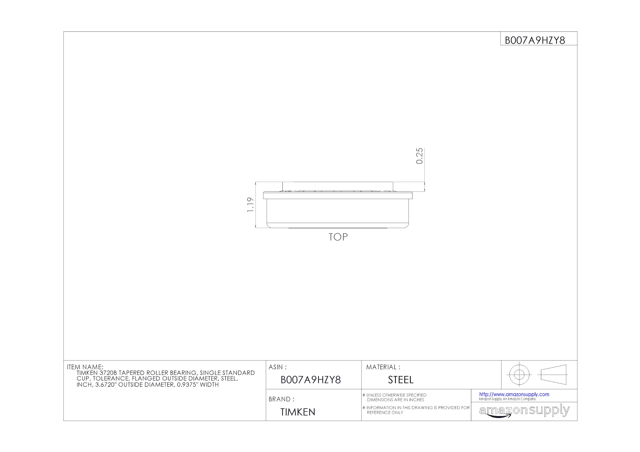 Timken 3720B Flanged Tapered Roller Bearing - Single Cup, Standard Tolerance, Steel Construction, 3.6720